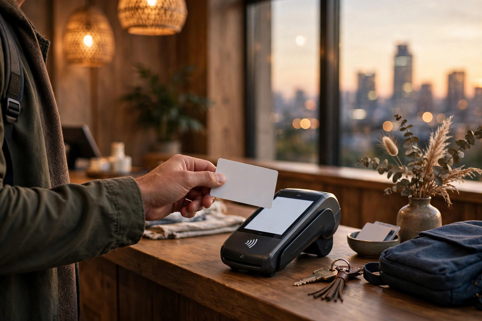 Traveler tapping a credit card at a hotel reception abroad, best travel credit cards 2026