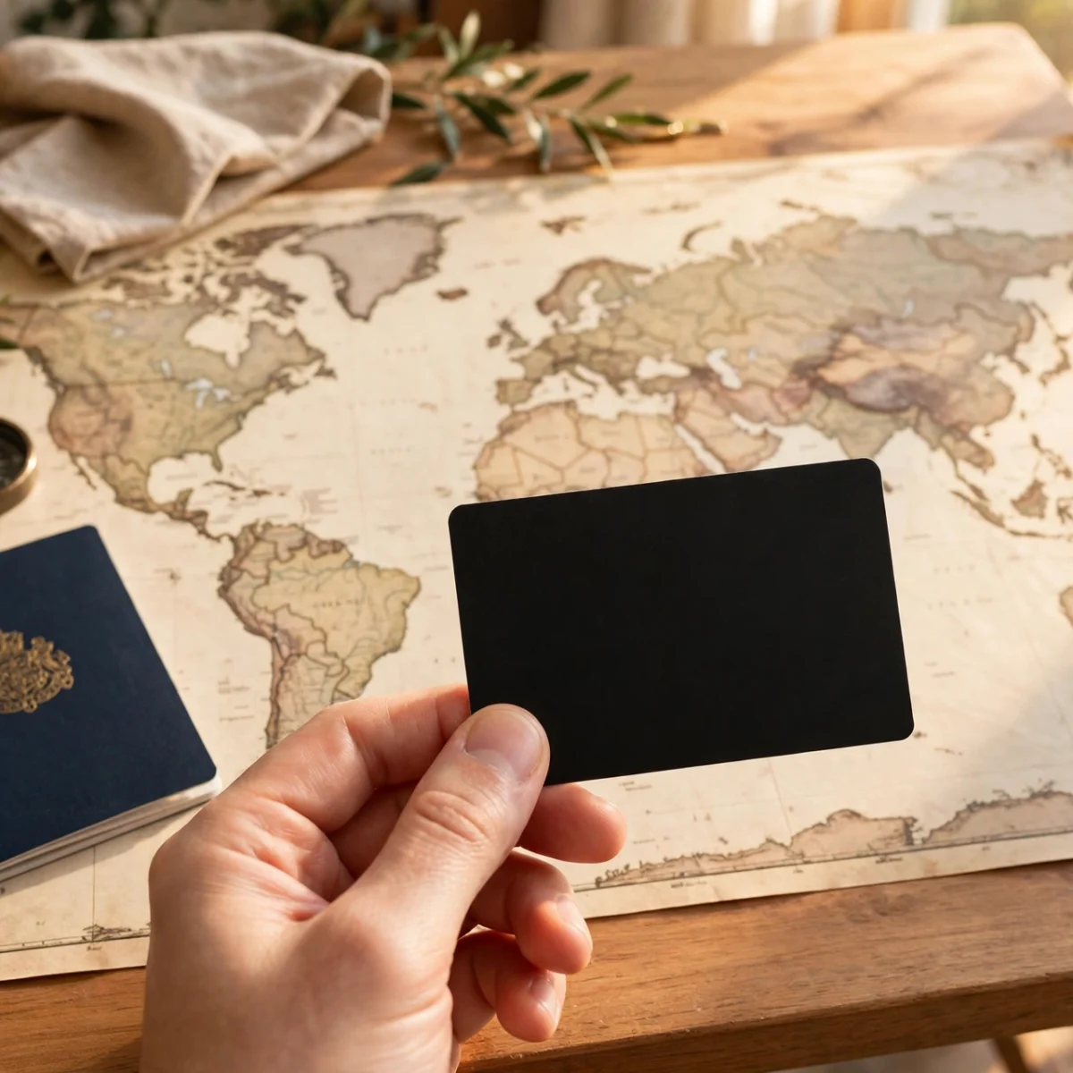 Hand holding a generic credit card with a passport and map, best travel credit cards 2026