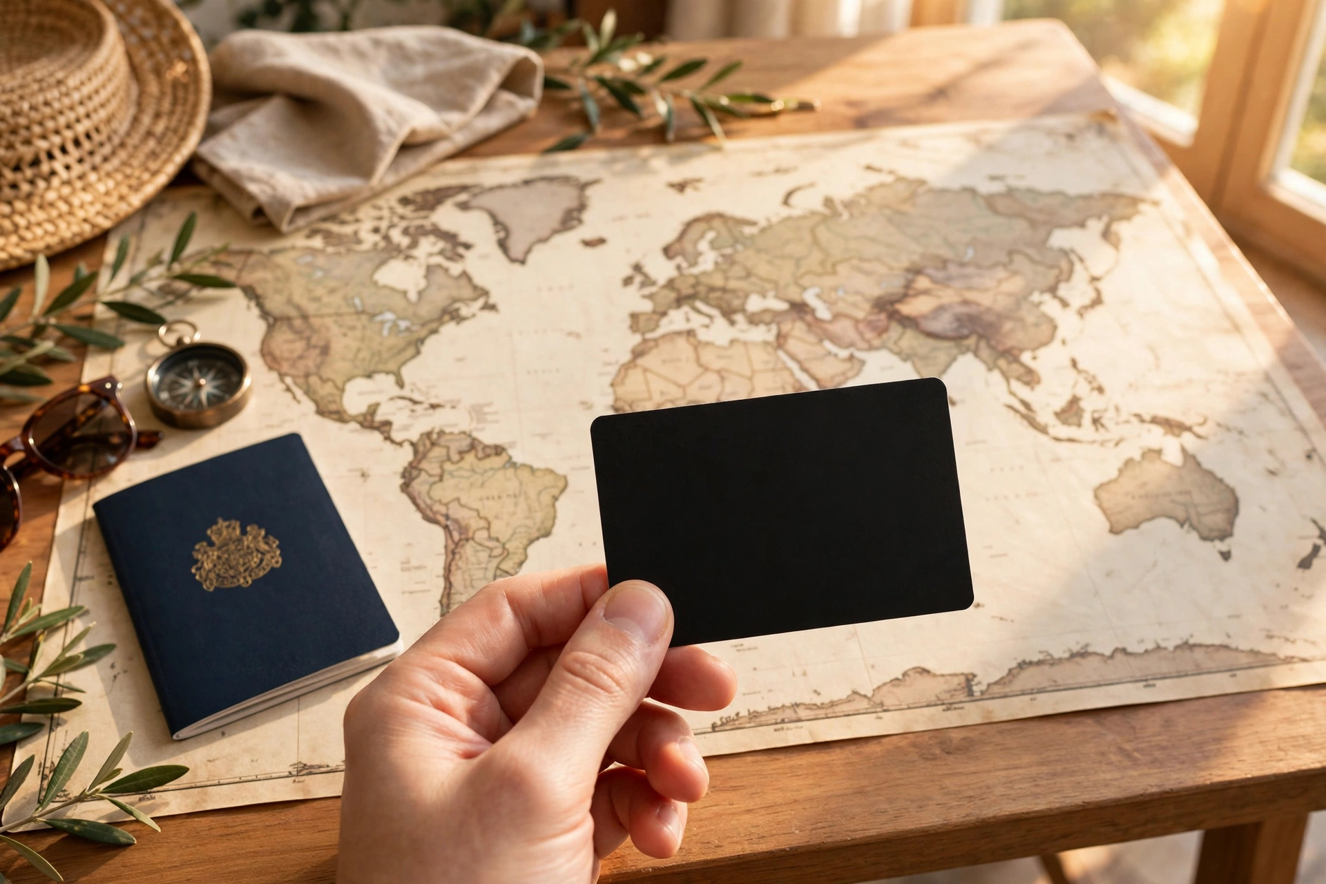 Hand holding a generic credit card with a passport and map, best travel credit cards 2026