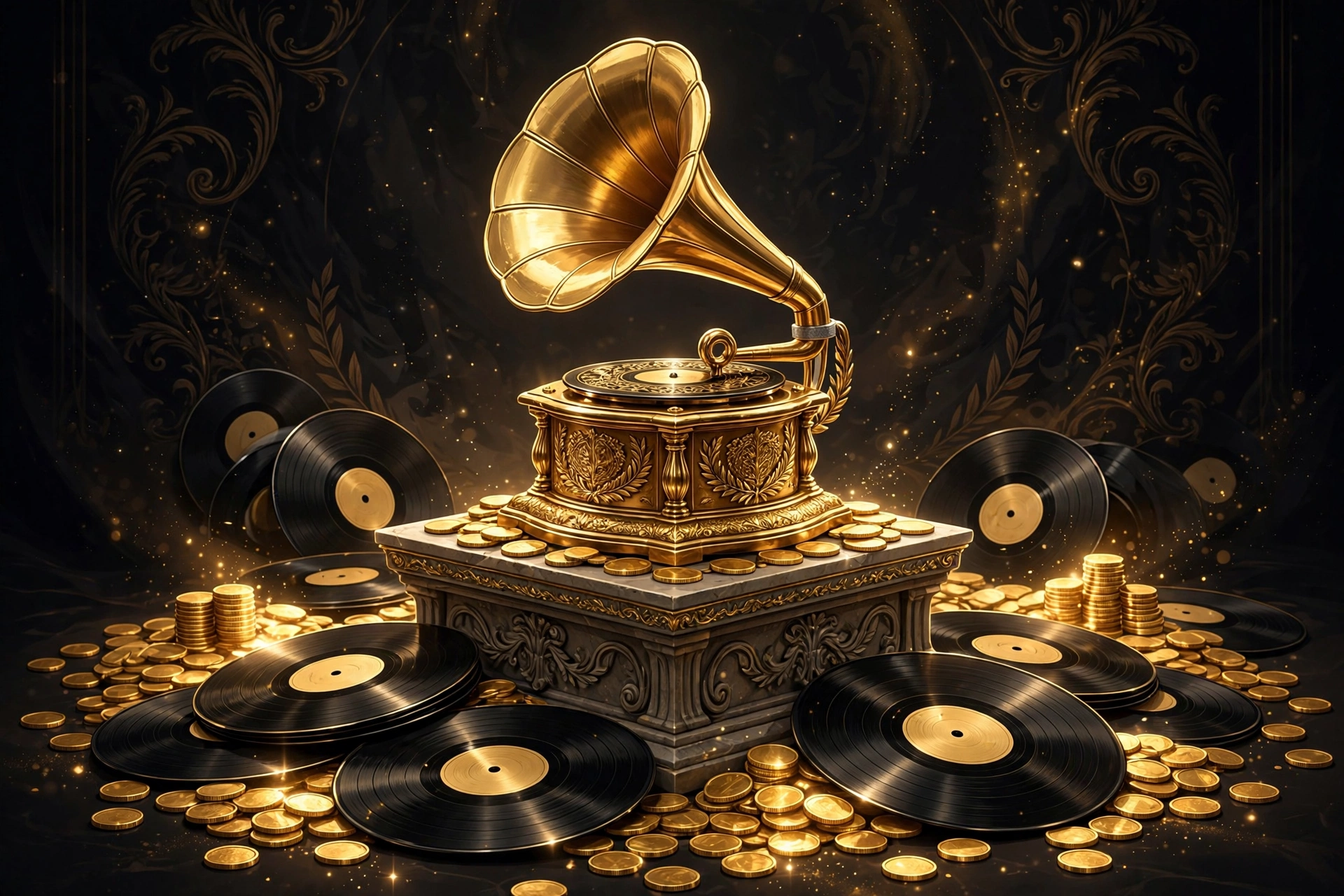 Illustration of golden music awards symbolizing Beyonce Grammy records and wealth 2026