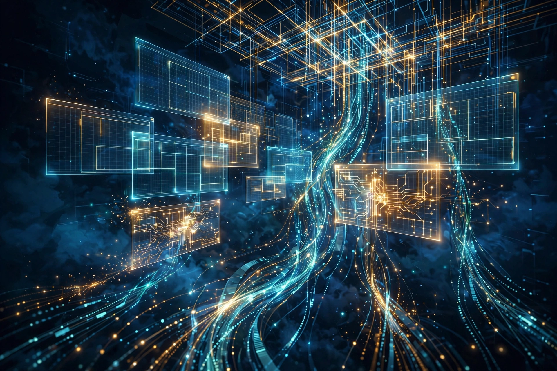 Abstract illustration of glowing code and software windows symbolizing Microsoft wealth, Bill Gates fortune