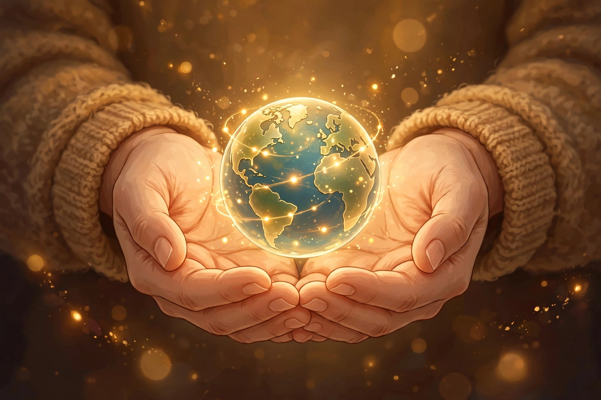 Warm digital illustration of hands holding a glowing globe symbolizing philanthropy and Gates Foundation charitable giving