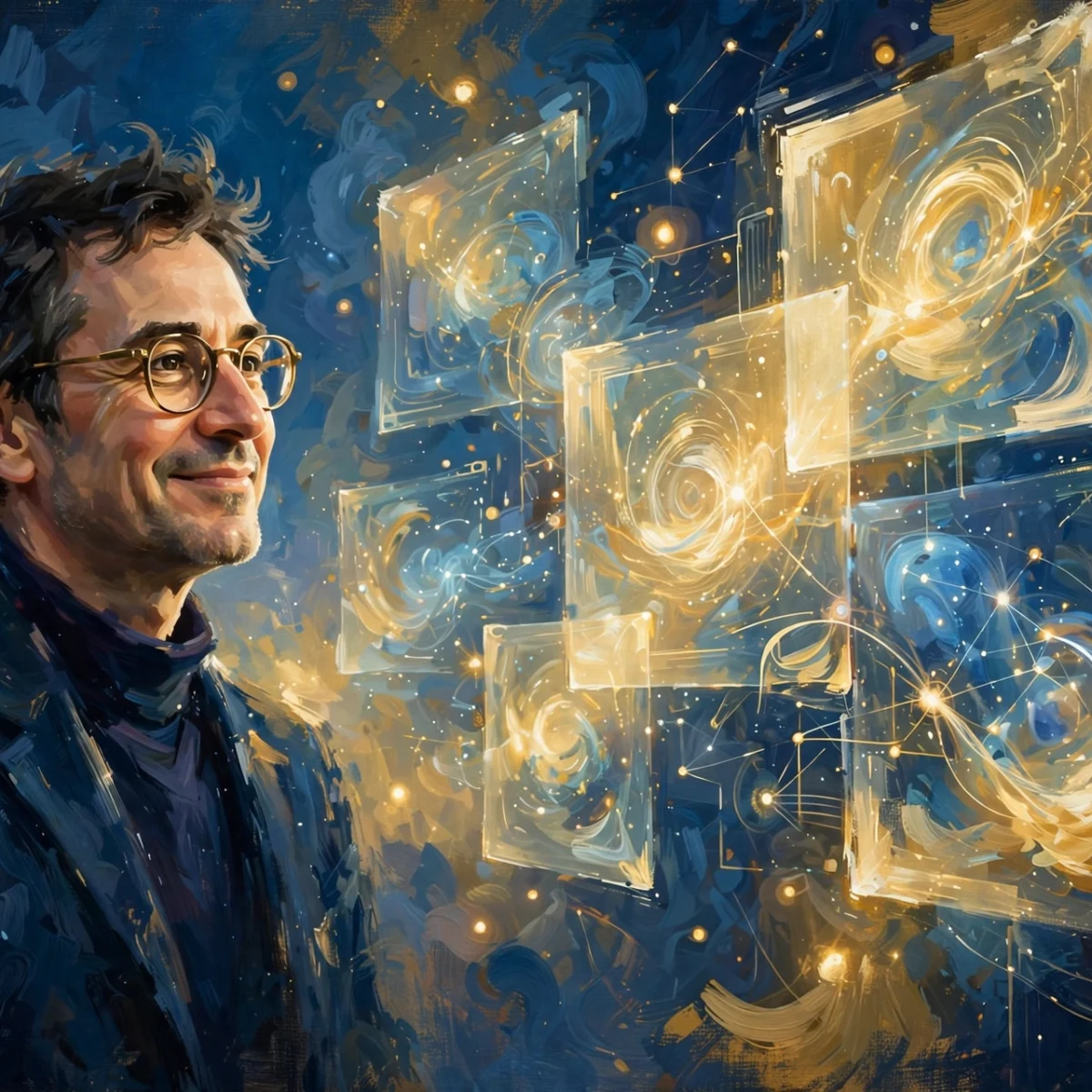 Digital painting of a tech billionaire with glasses beside glowing software windows, Bill Gates net worth 2026