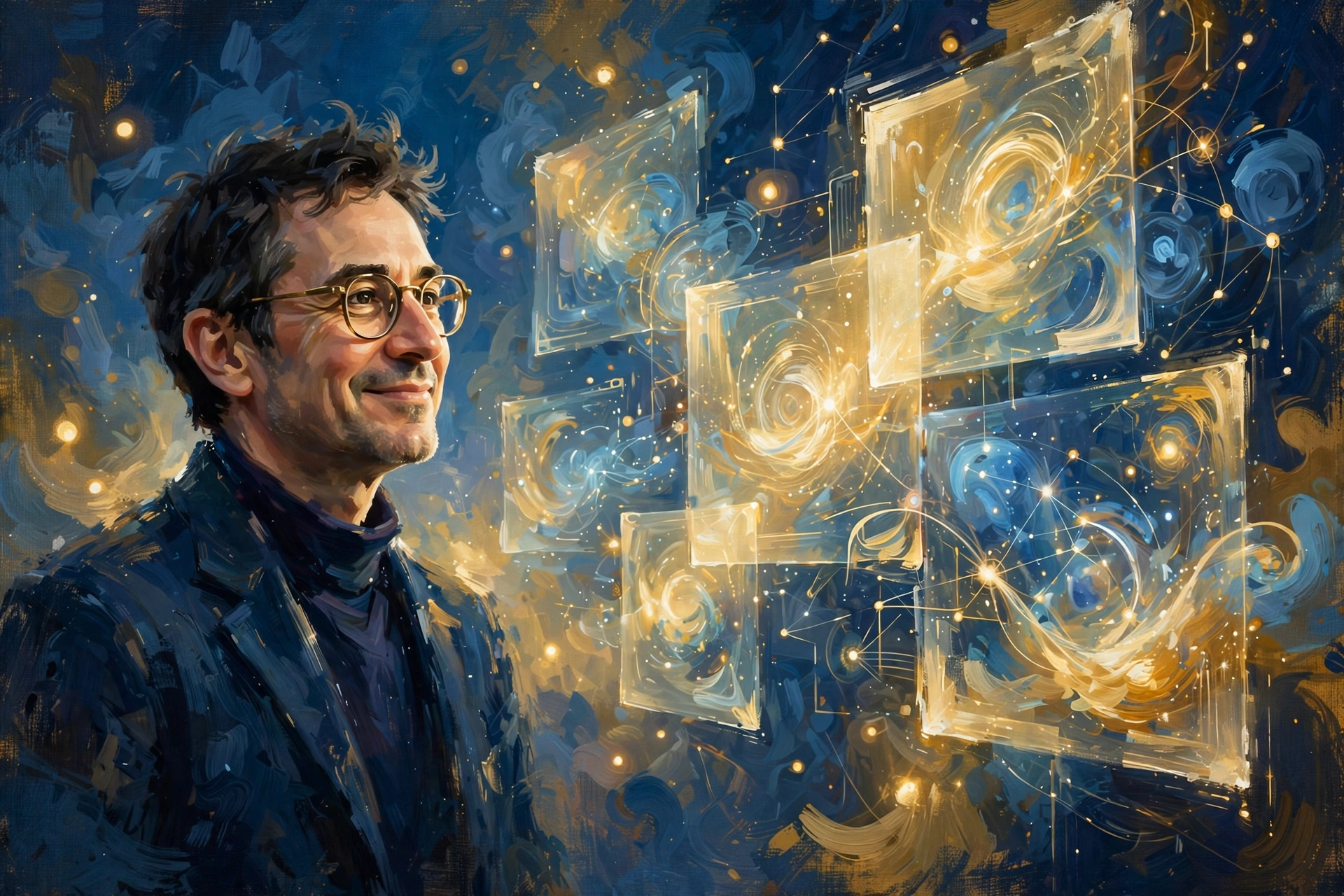 Digital painting of a tech billionaire with glasses beside glowing software windows, Bill Gates net worth 2026