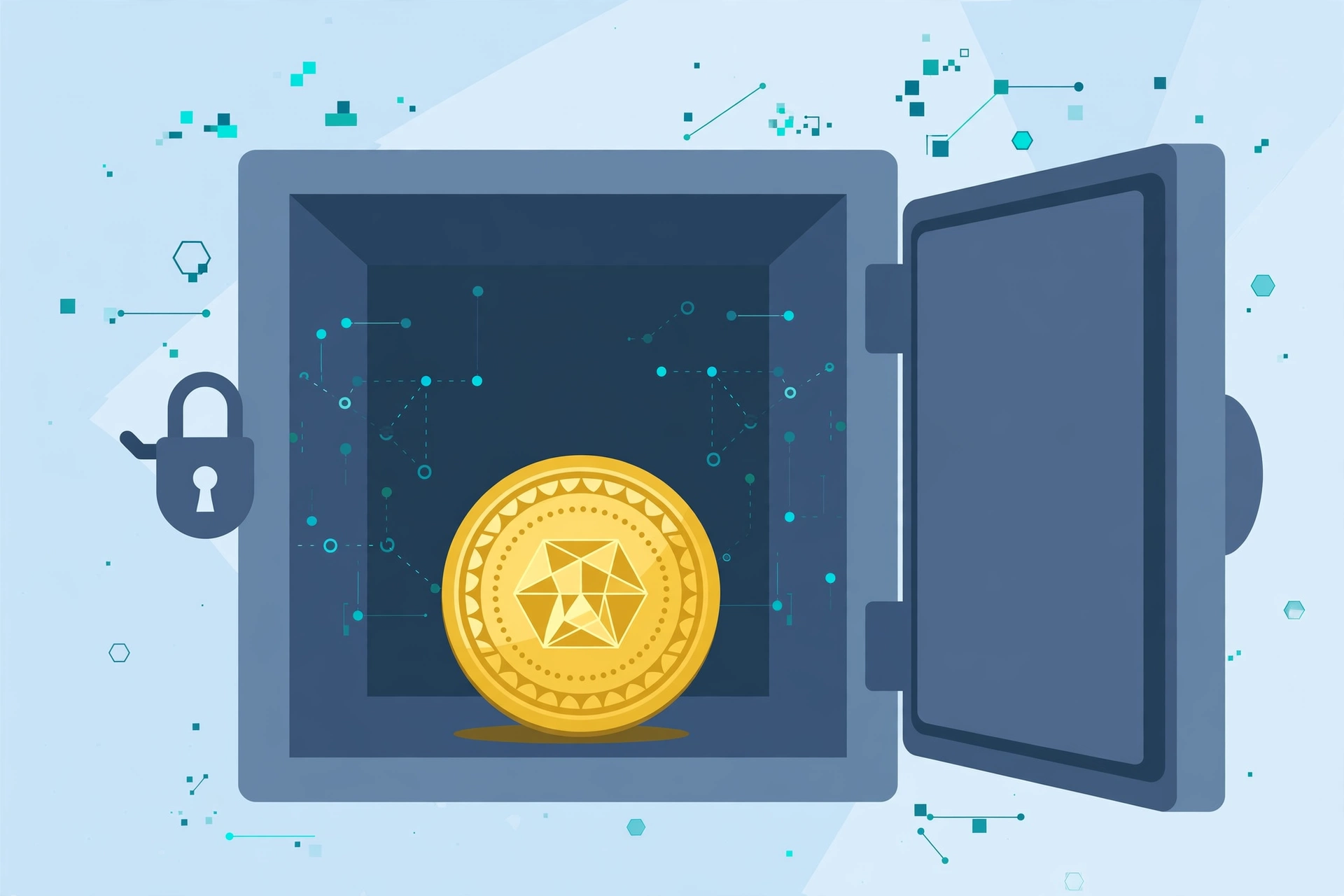 Gold coin in an open vault with a lock illustrating Bitcoin as digital gold and a store of value