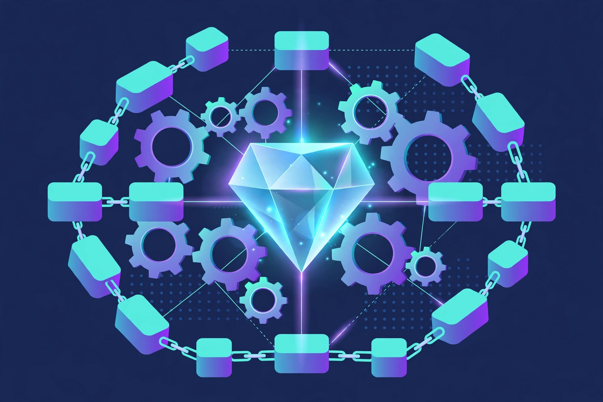 Interconnected blockchain blocks and gears illustrating the Ethereum smart contract platform