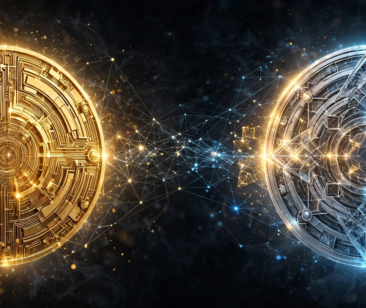 Gold Bitcoin coin facing a silver-blue Ethereum coin with network lines, comparison illustration