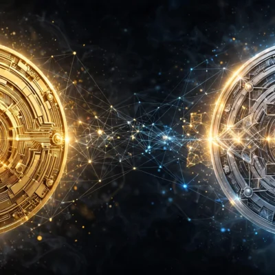 Gold Bitcoin coin facing a silver-blue Ethereum coin with network lines, comparison illustration