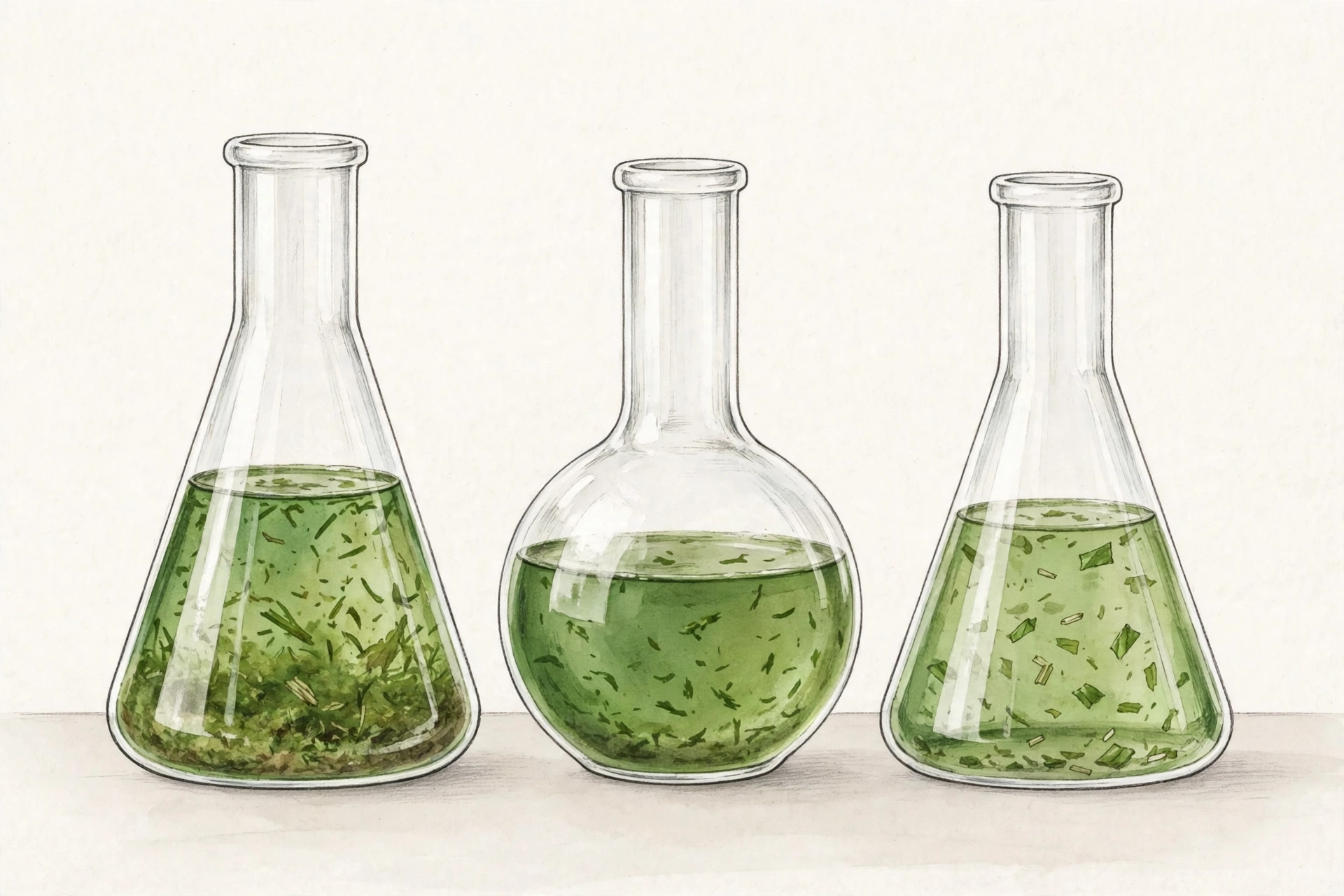 Laboratory flasks with green plant extracts illustrating CBD extraction and spectrum types