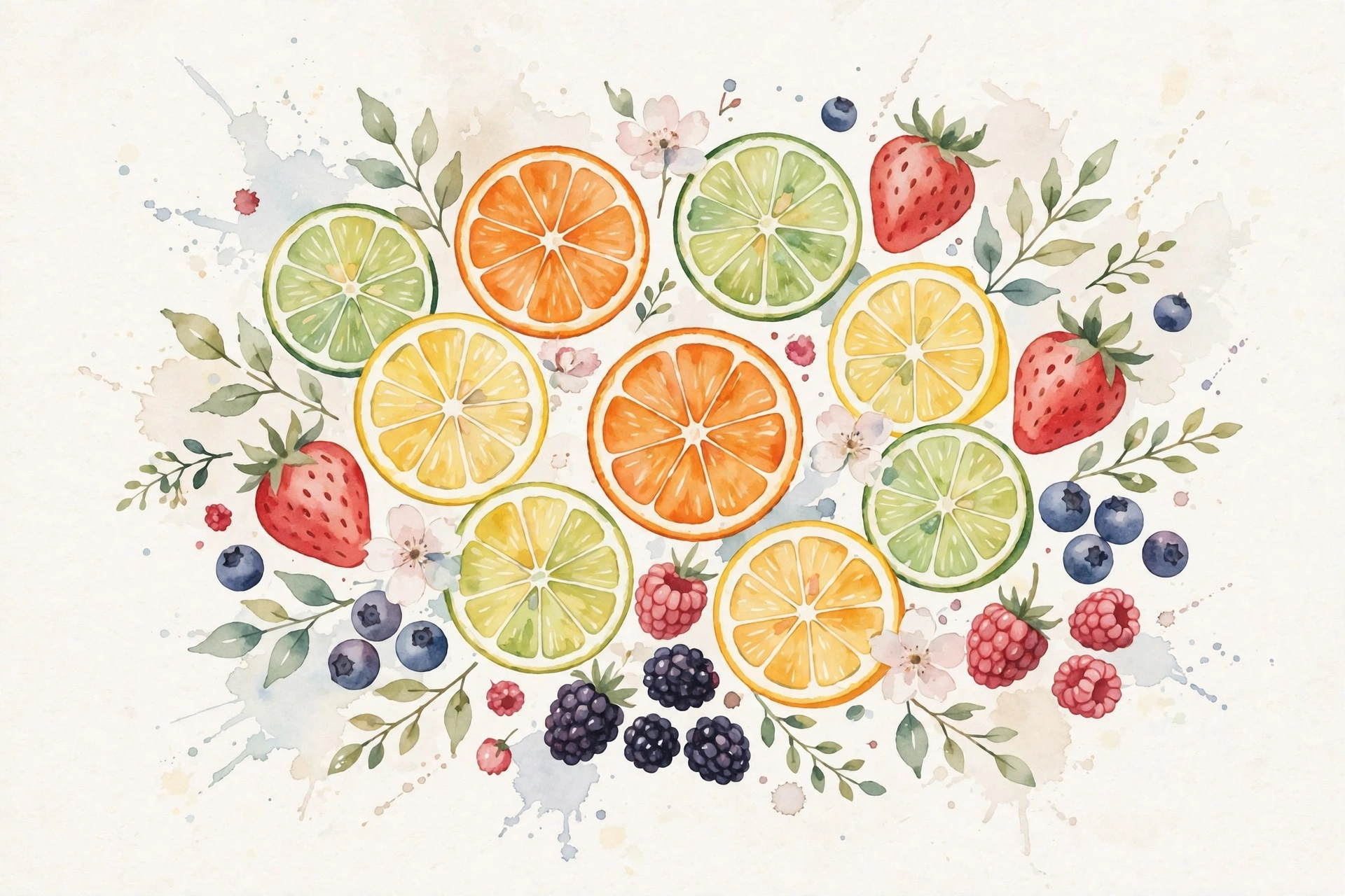 Colorful fruit slices and berries watercolor illustrating flavored CBD gummies taste and appeal