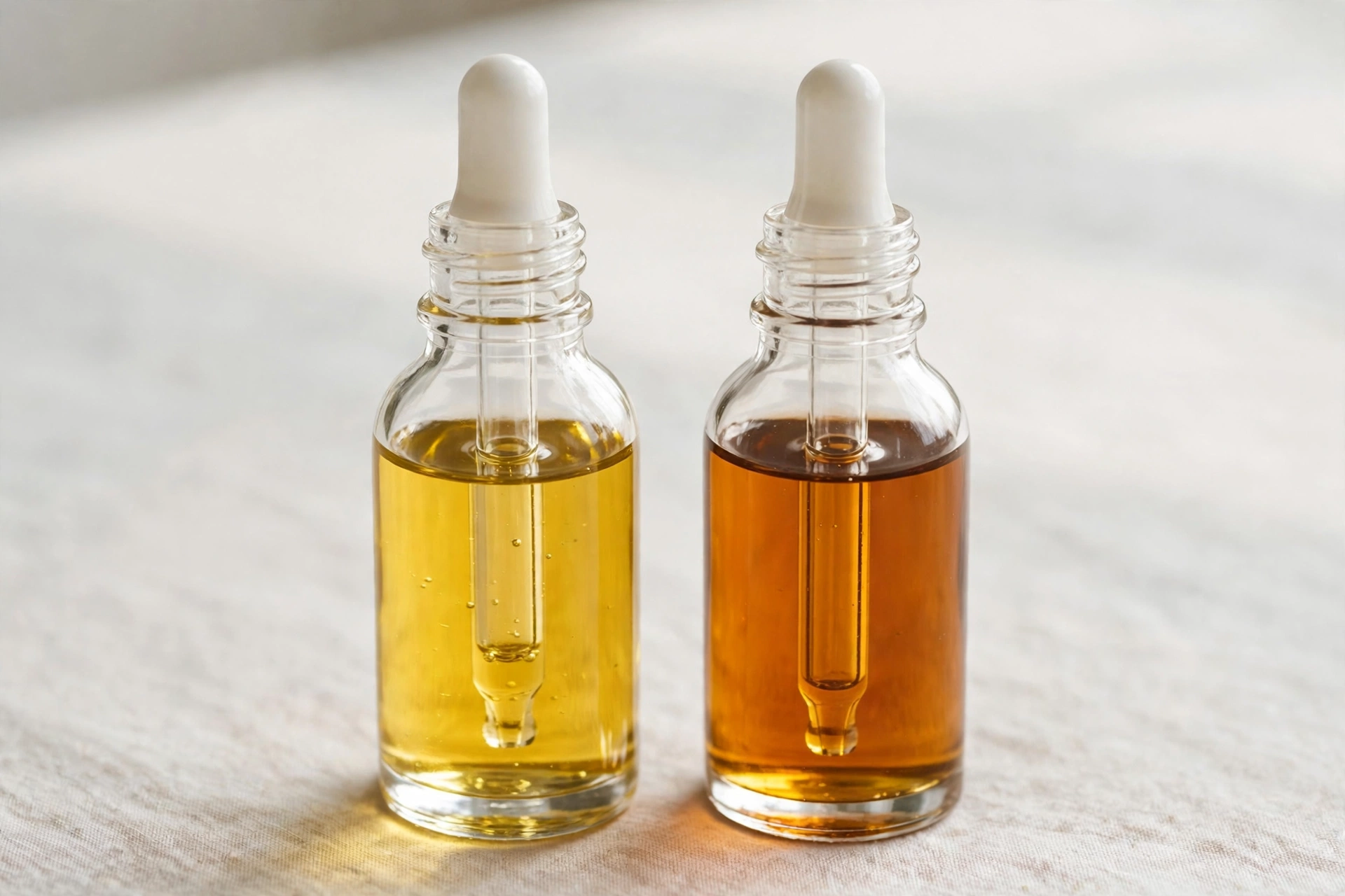 Two glass dropper bottles with golden and amber oils side by side for comparison