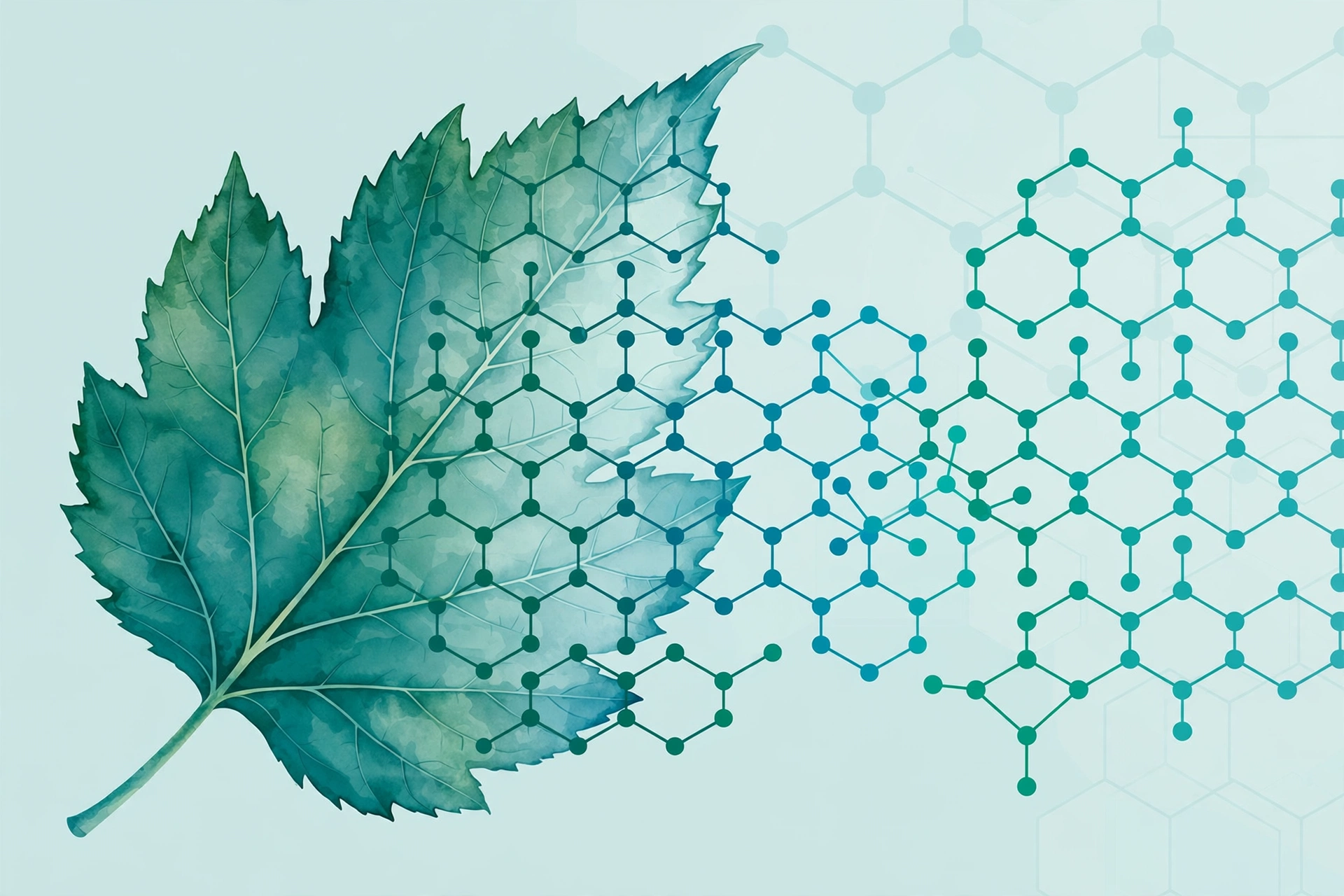 Abstract illustration of a leaf merging with molecular structures, CBD vs THC science concept