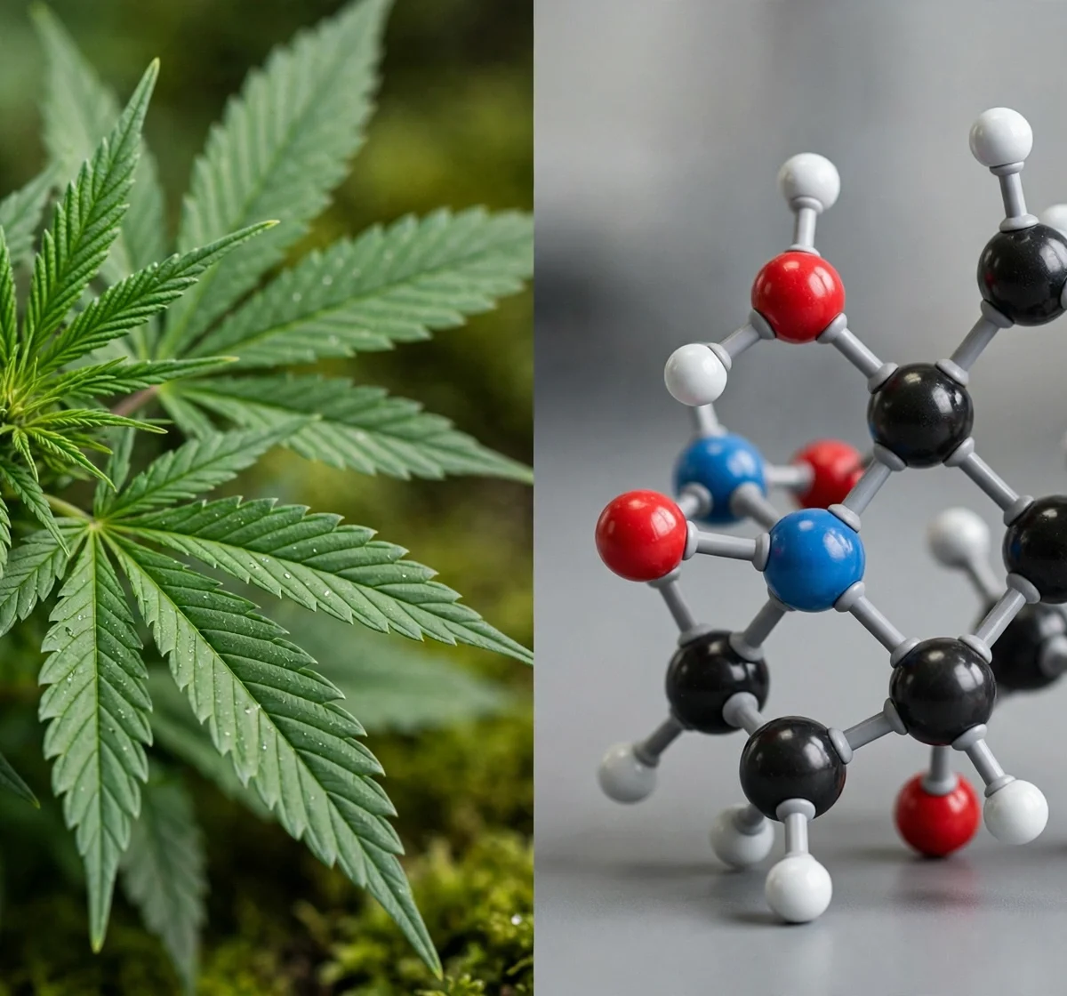 Split image of hemp leaves and a molecular model representing CBD vs THC comparison