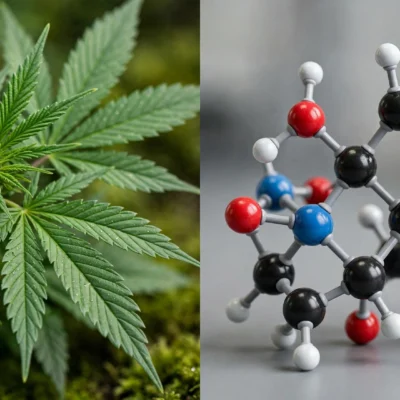 Split image of hemp leaves and a molecular model representing CBD vs THC comparison