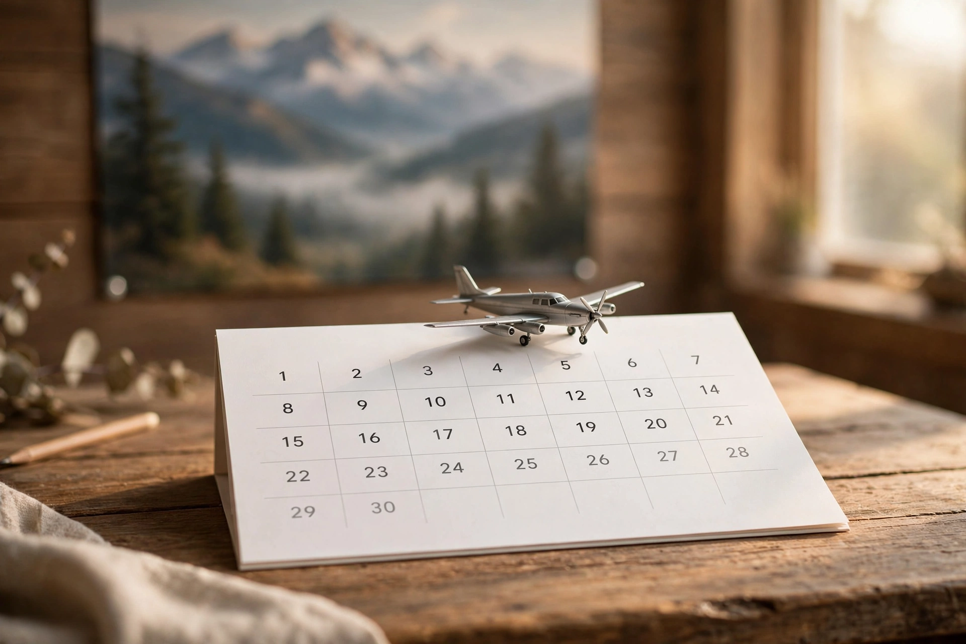 Travel calendar and model airplane showing the best days to book cheap flights