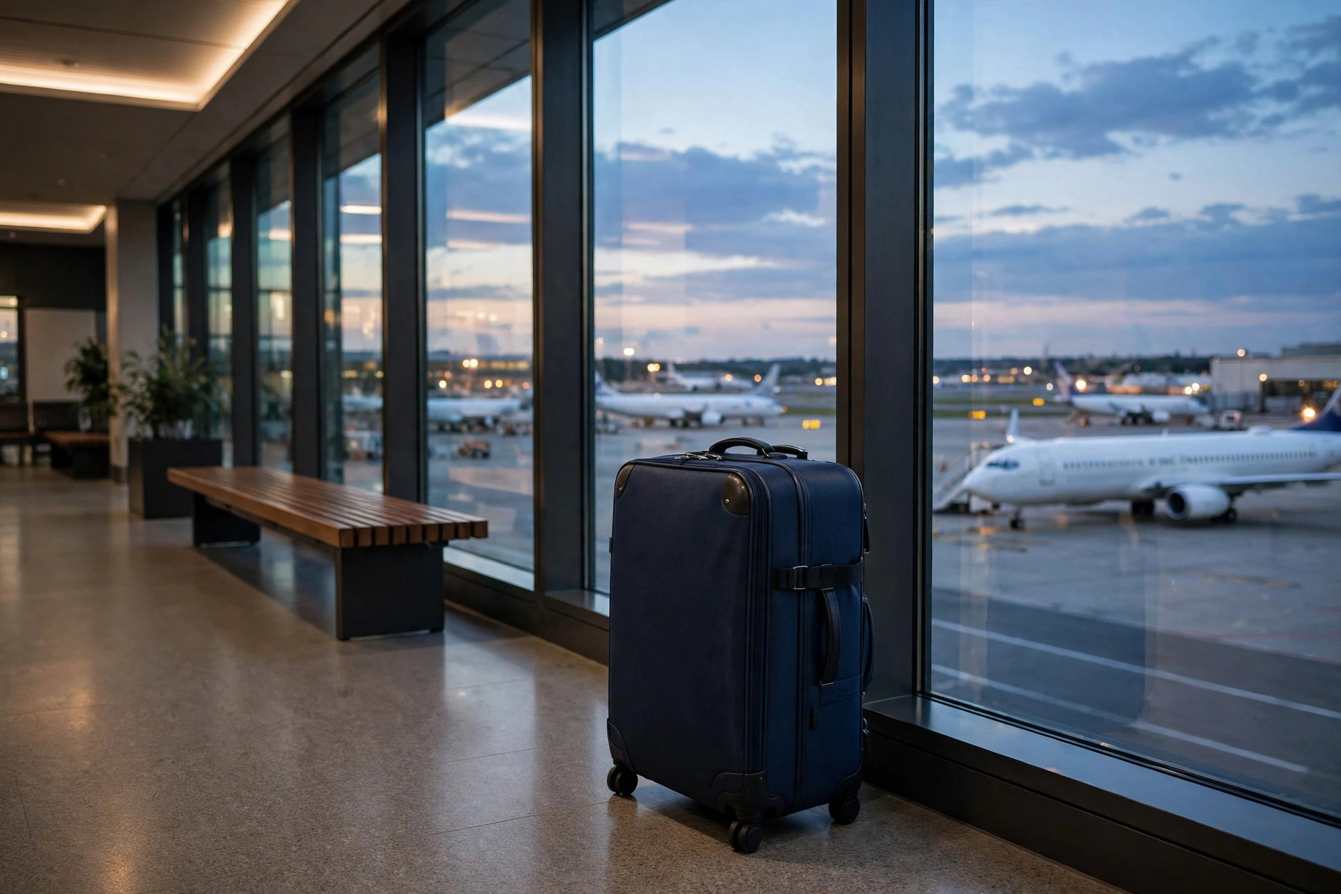 Suitcase at an airport window at dusk, guide to the cheapest flight booking times