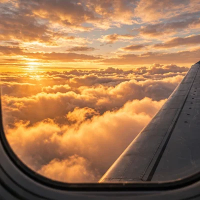 Airplane wing over sunset clouds, cheapest time to book flights 2026 data guide