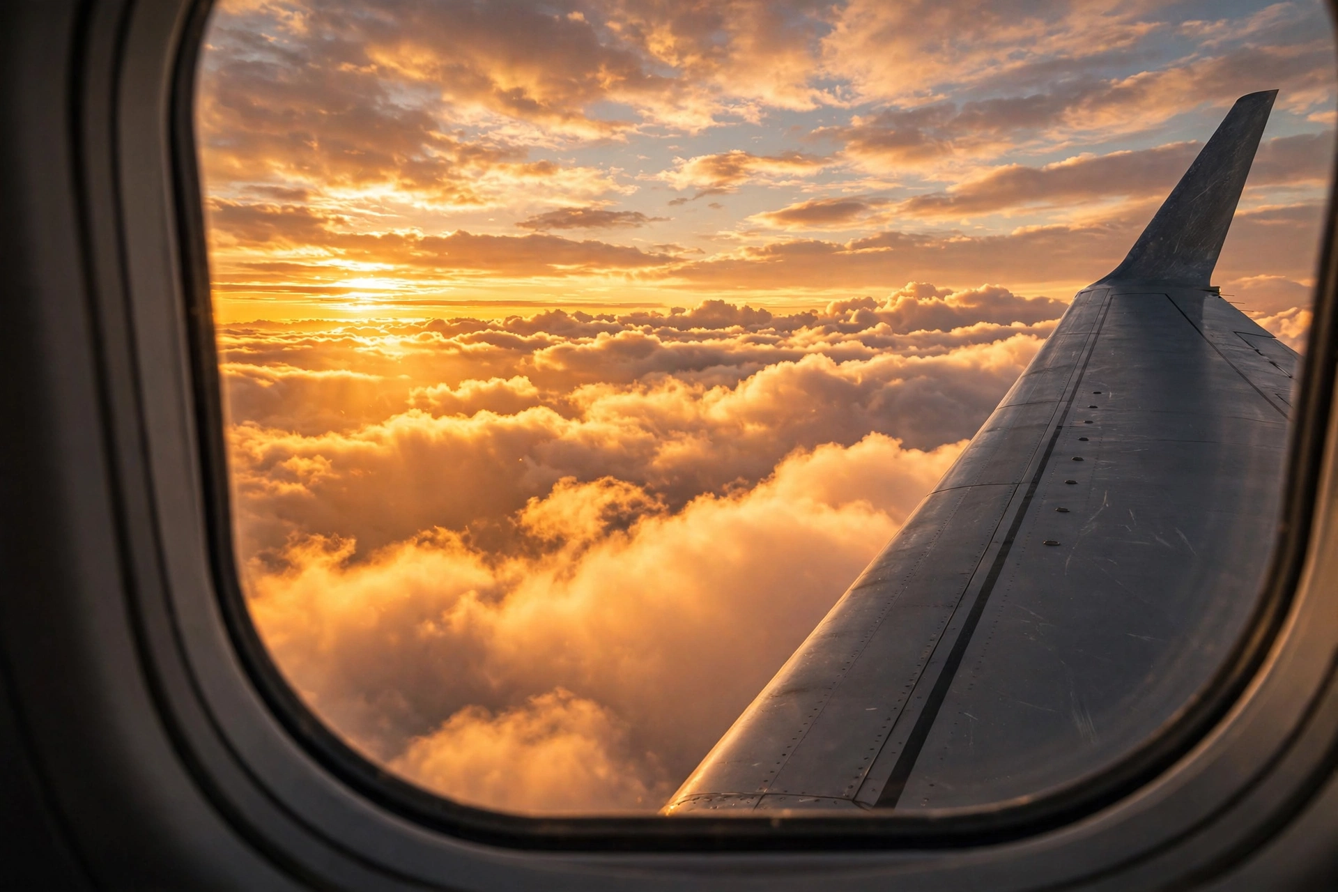 Airplane wing over sunset clouds, cheapest time to book flights 2026 data guide