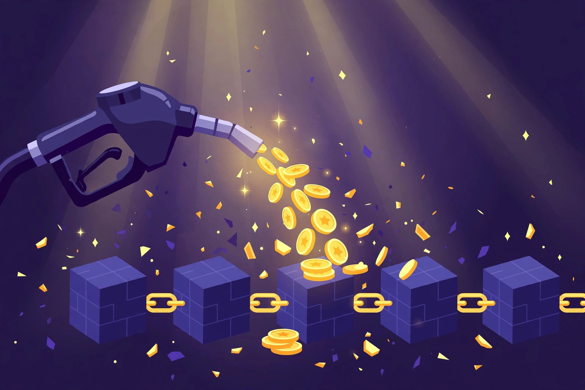 Gas pump nozzle pouring golden coins into blockchain blocks representing gwei gas fee payments