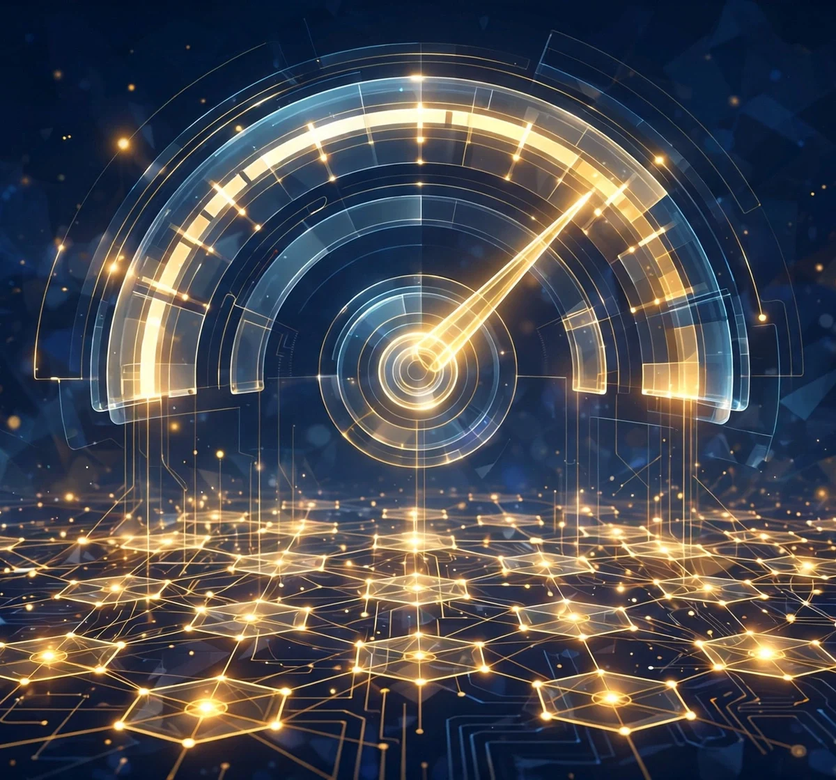 Illustration of a glowing blockchain network with a fuel gauge showing how crypto gas fees work