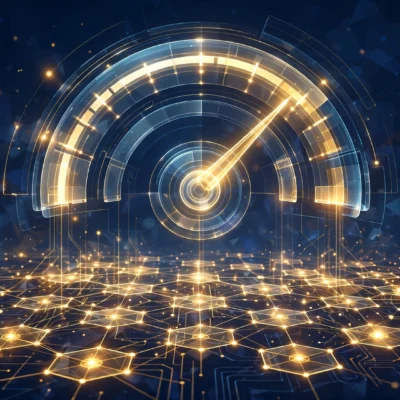 Illustration of a glowing blockchain network with a fuel gauge showing how crypto gas fees work