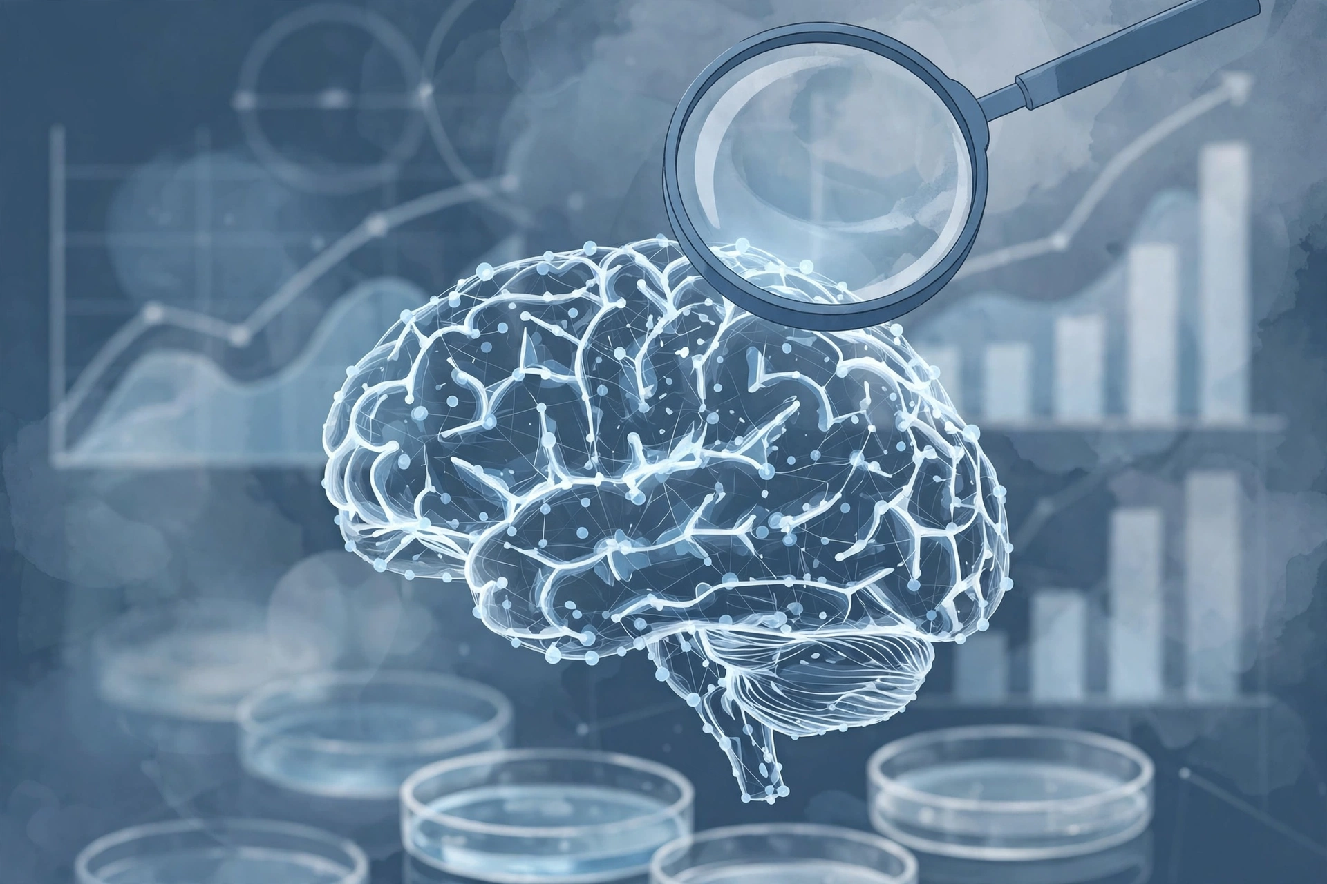 Abstract illustration of a glowing brain under a magnifying glass, representing research into the Depo-Provera meningioma link