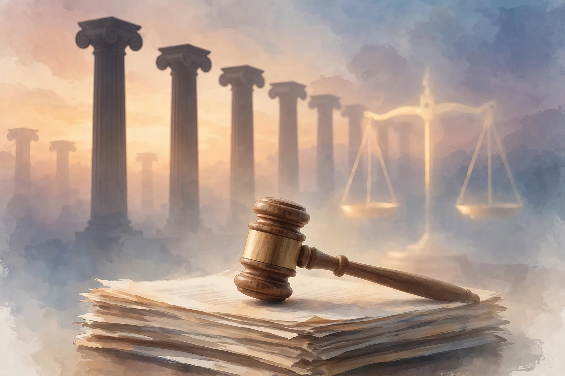 Abstract illustration of courthouse columns and a gavel, representing the Depo-Provera settlement process