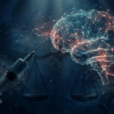 Editorial illustration of a contraceptive syringe beside glowing brain imagery, symbolizing the Depo-Provera brain tumor lawsuits