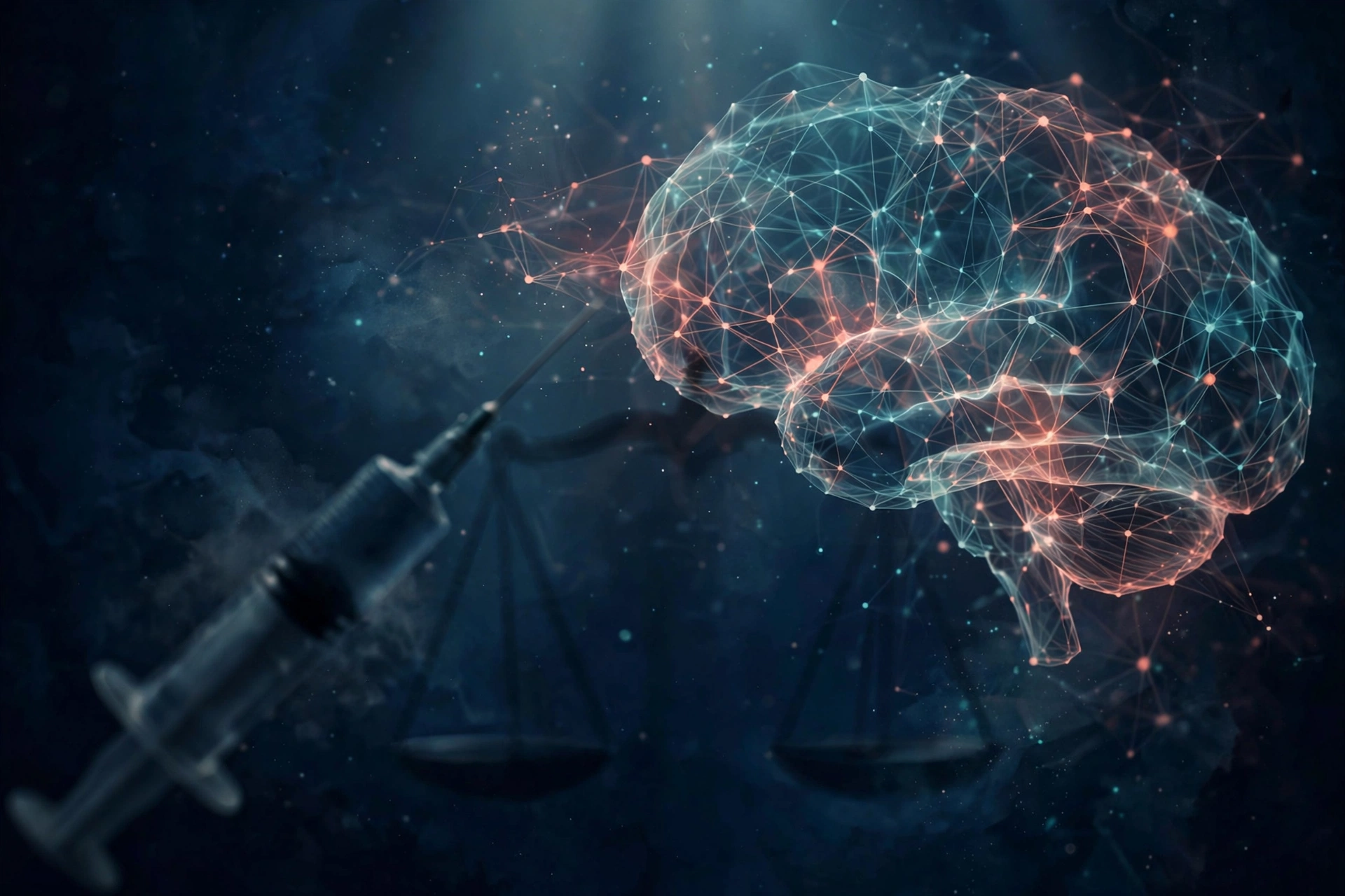 Editorial illustration of a contraceptive syringe beside glowing brain imagery, symbolizing the Depo-Provera brain tumor lawsuits