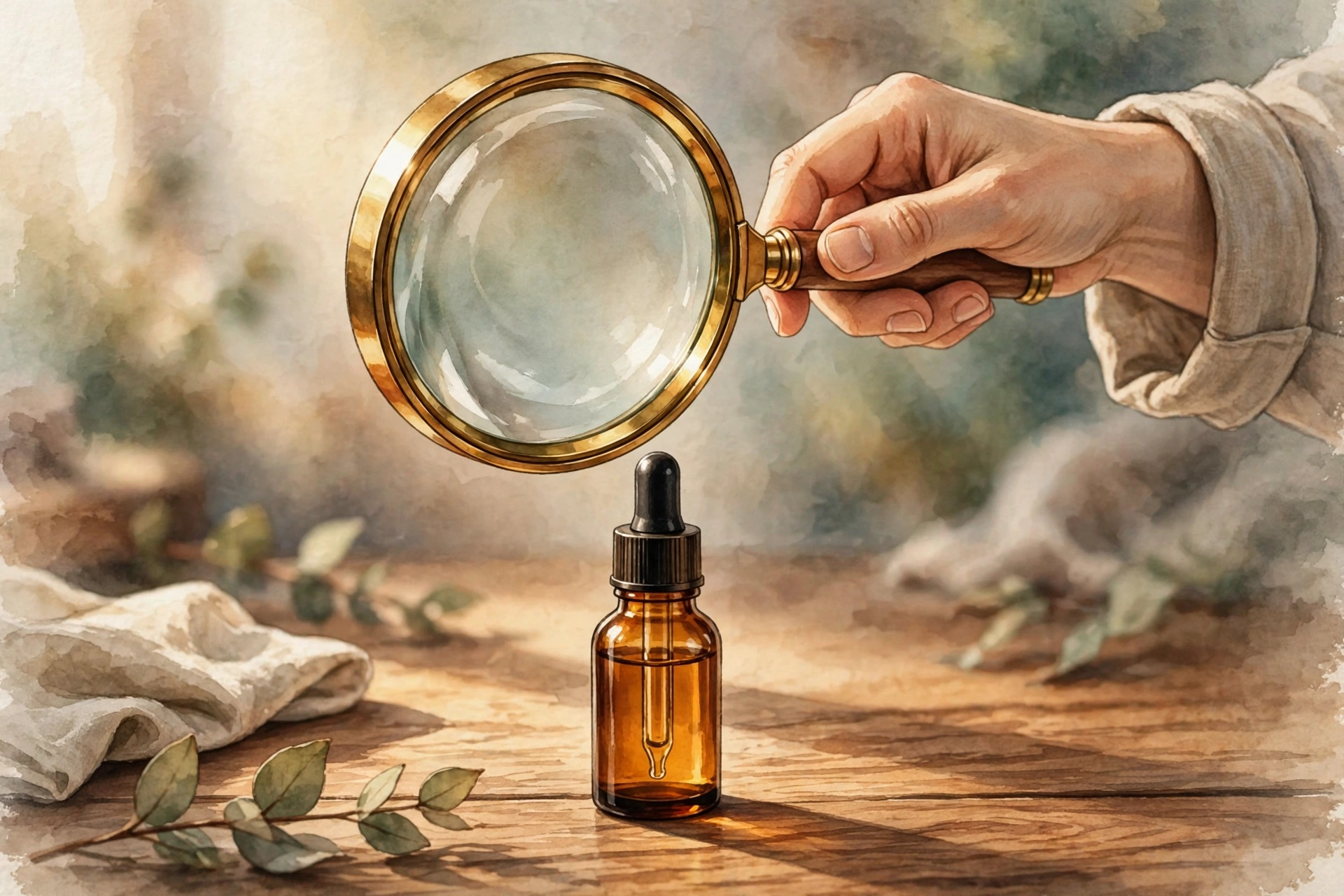 Magnifying glass over a CBD oil bottle checking for trace THC before a drug test