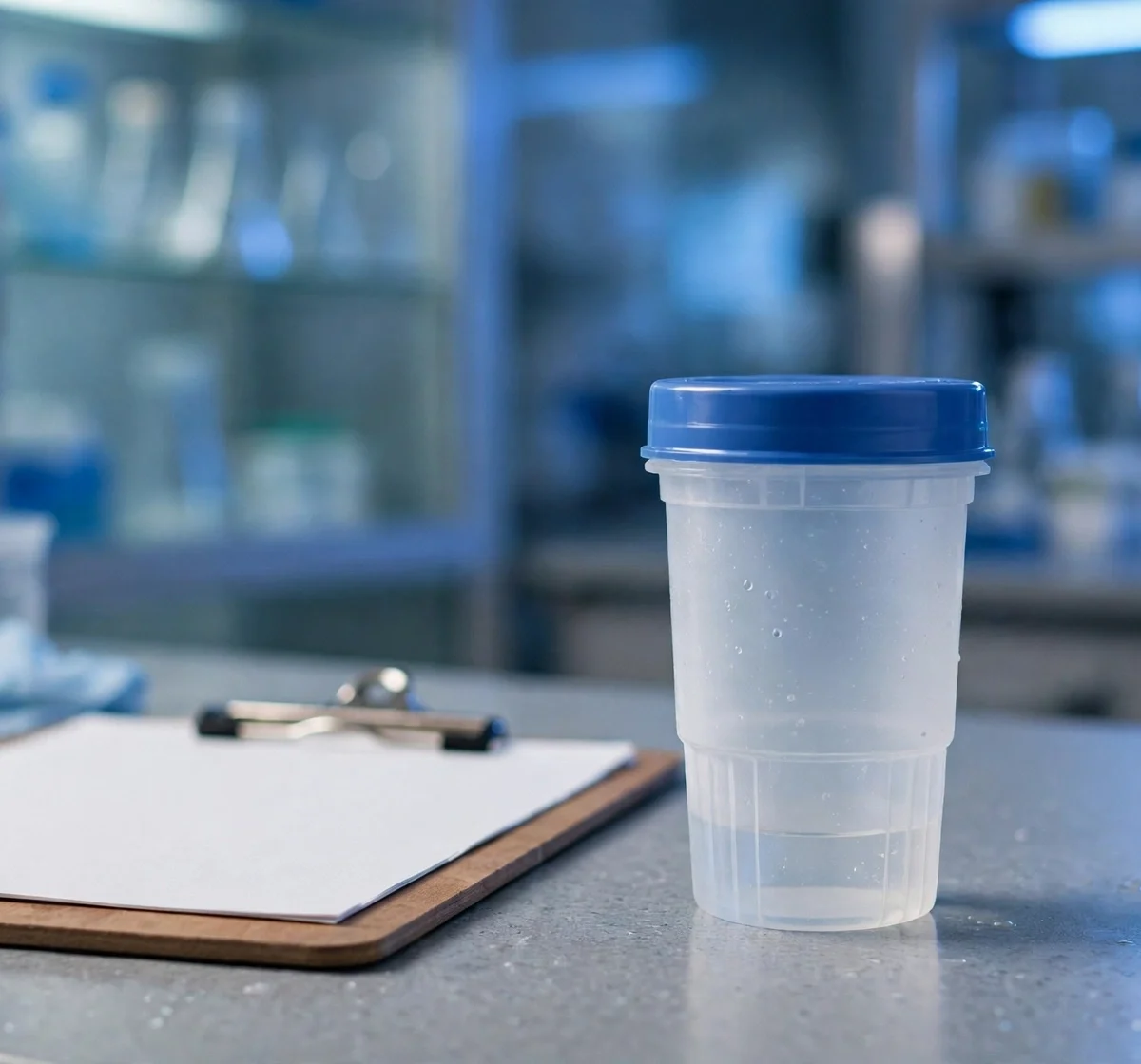 Drug test sample cup illustrating whether CBD shows up on drug tests