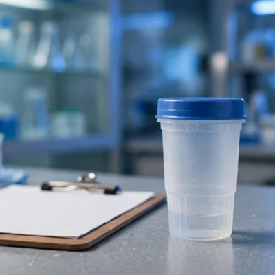 Drug test sample cup illustrating whether CBD shows up on drug tests