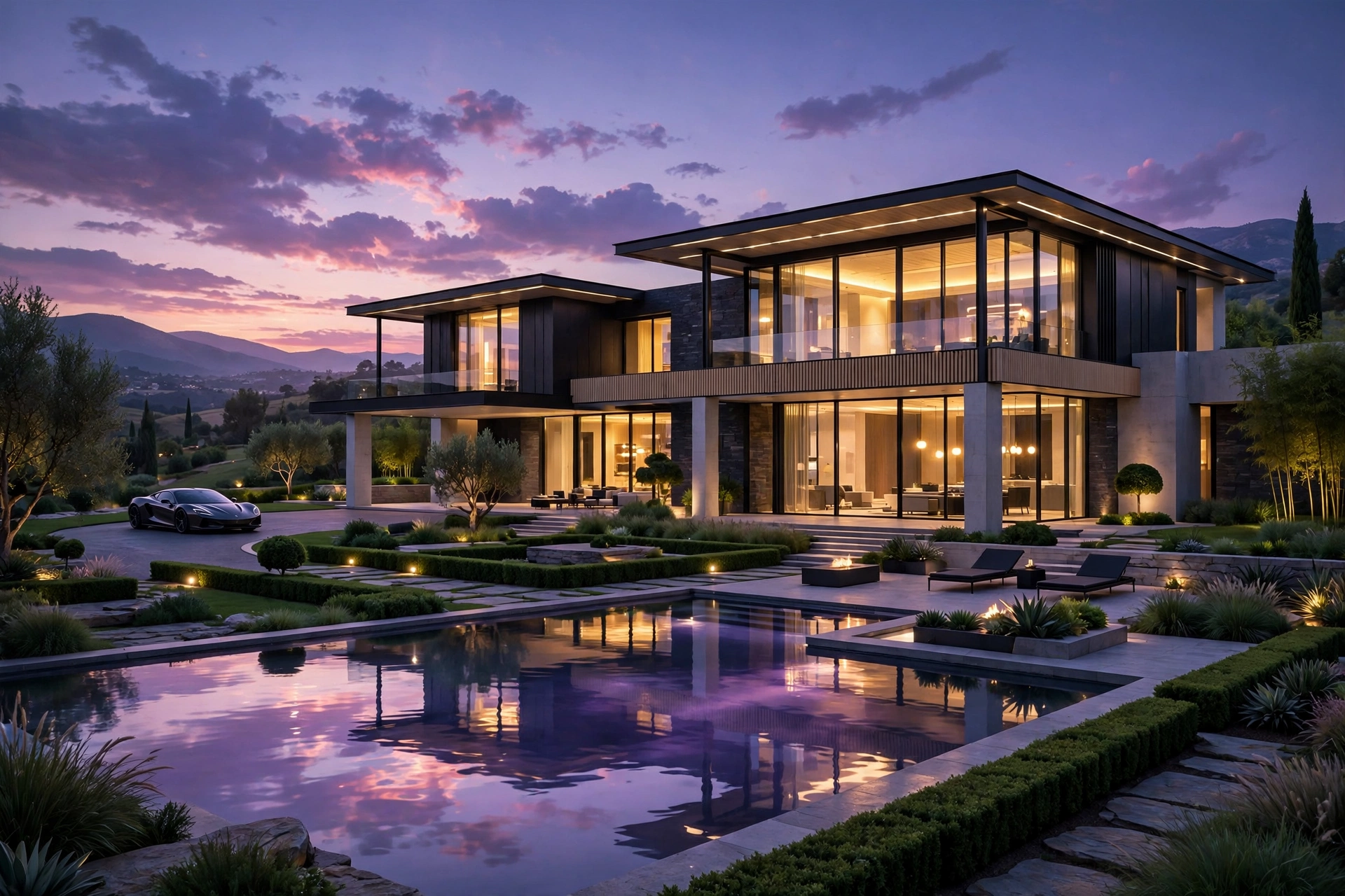 Modern luxury mansion with pool at dusk, representing Drake's high-value real estate assets in 2026