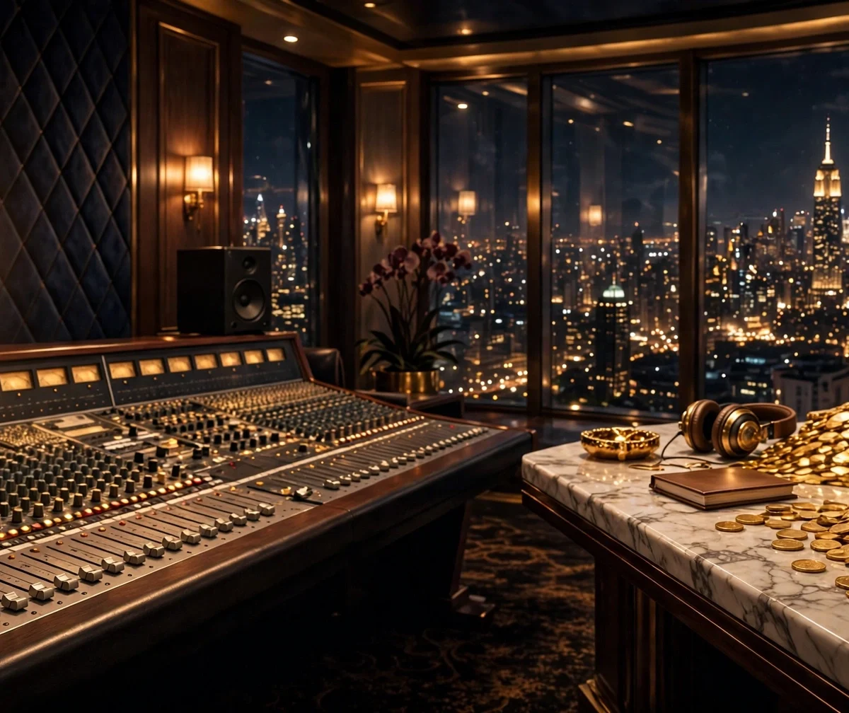 Drake net worth 2026: luxury recording studio with gold microphone and city skyline, symbolizing his estimated $400 million fortune