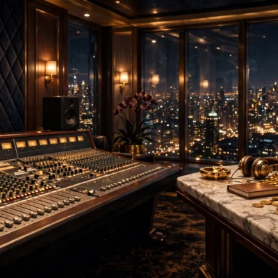 Drake net worth 2026: luxury recording studio with gold microphone and city skyline, symbolizing his estimated $400 million fortune