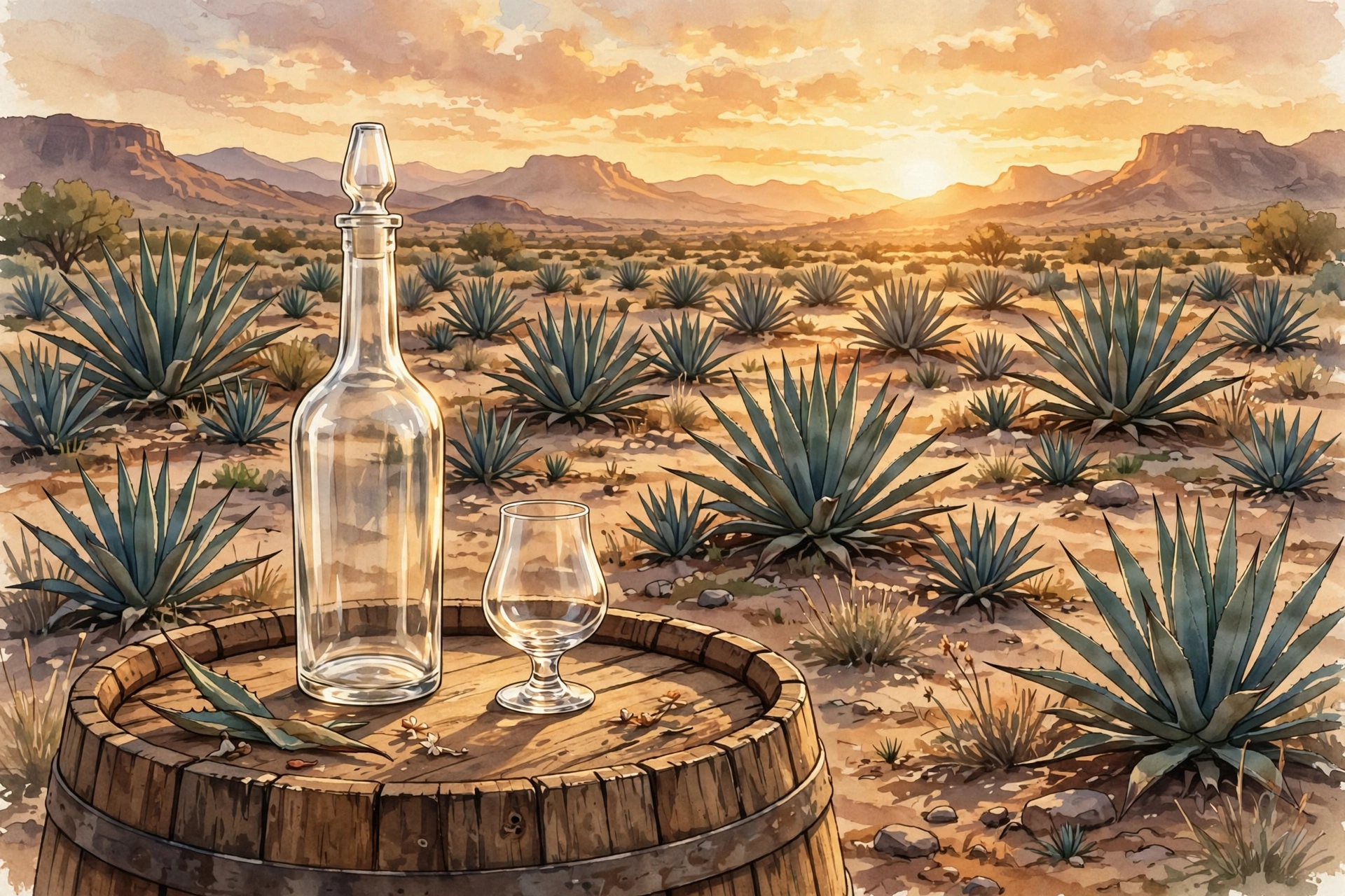 Agave field at sunset with craft bottles illustrating Dwayne Johnson Teremana tequila business wealth