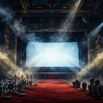 Movie premiere scene with spotlights and film screen symbolizing Dwayne Johnson net worth 2026