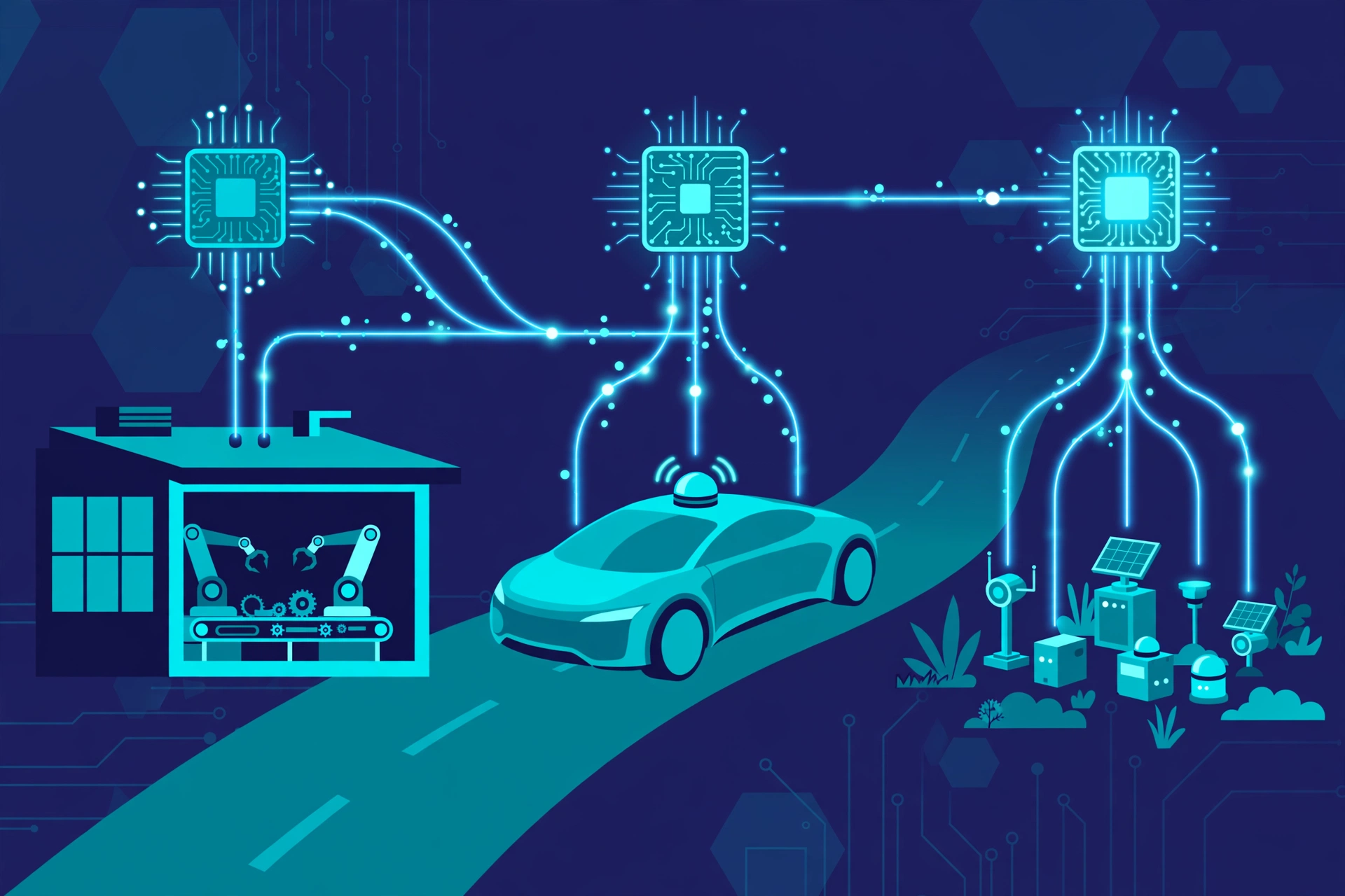 Illustration of edge computing use cases including smart factory, autonomous vehicle, and IoT sensors processing data locally