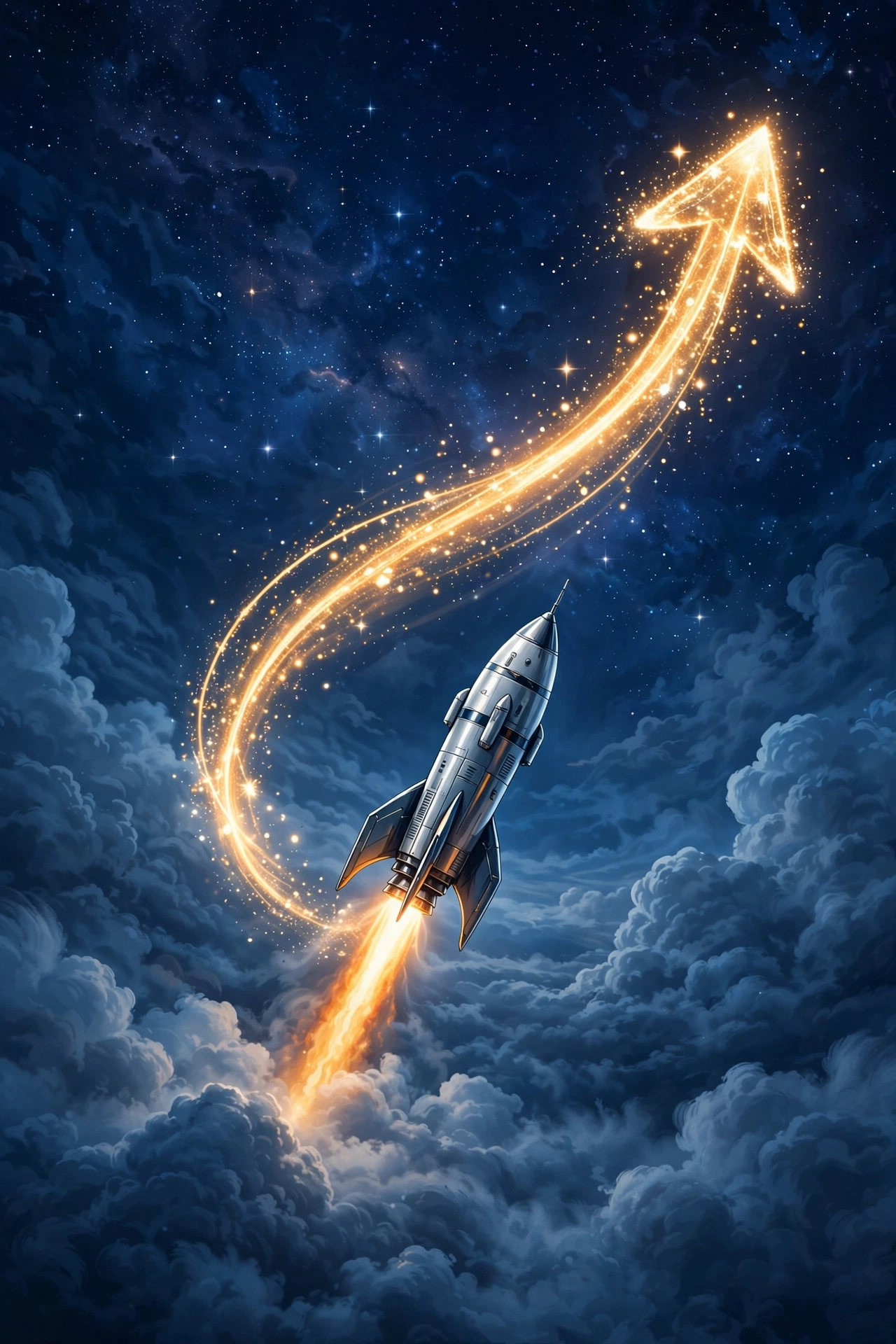 Rocket ascending with glowing upward light trail representing Elon Musk wealth and SpaceX valuation rise