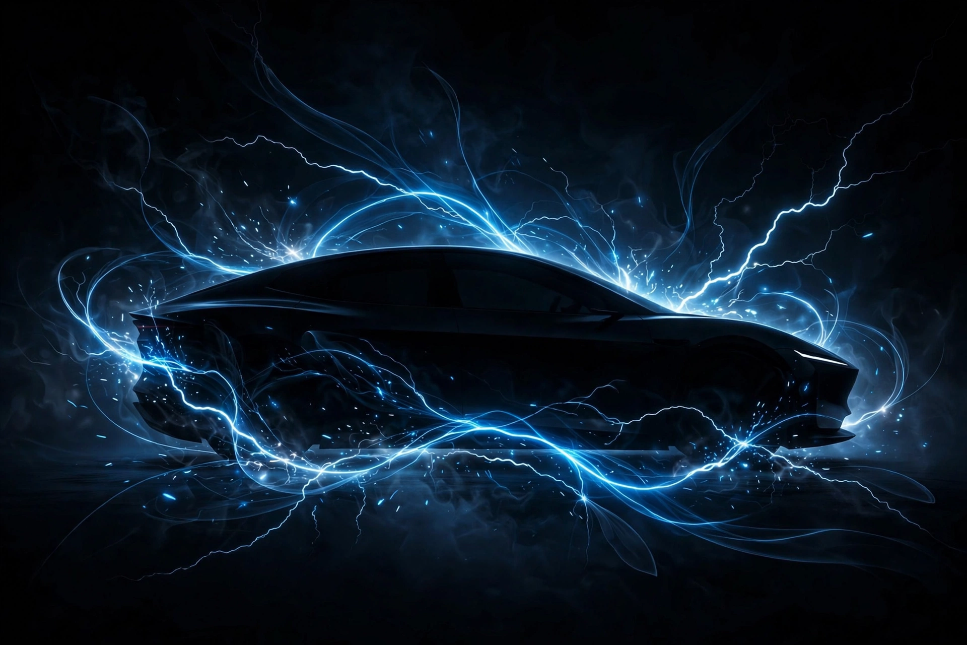 Sleek electric car silhouette with blue energy lines illustrating Elon Musk Tesla fortune 2026
