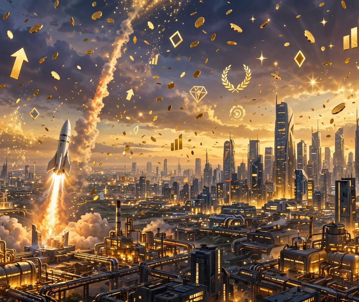 Rocket launching over futuristic city skyline symbolizing Elon Musk net worth growth in 2026