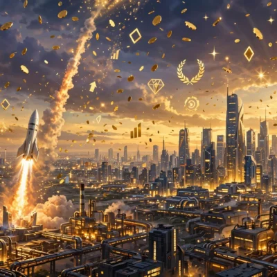 Rocket launching over futuristic city skyline symbolizing Elon Musk net worth growth in 2026
