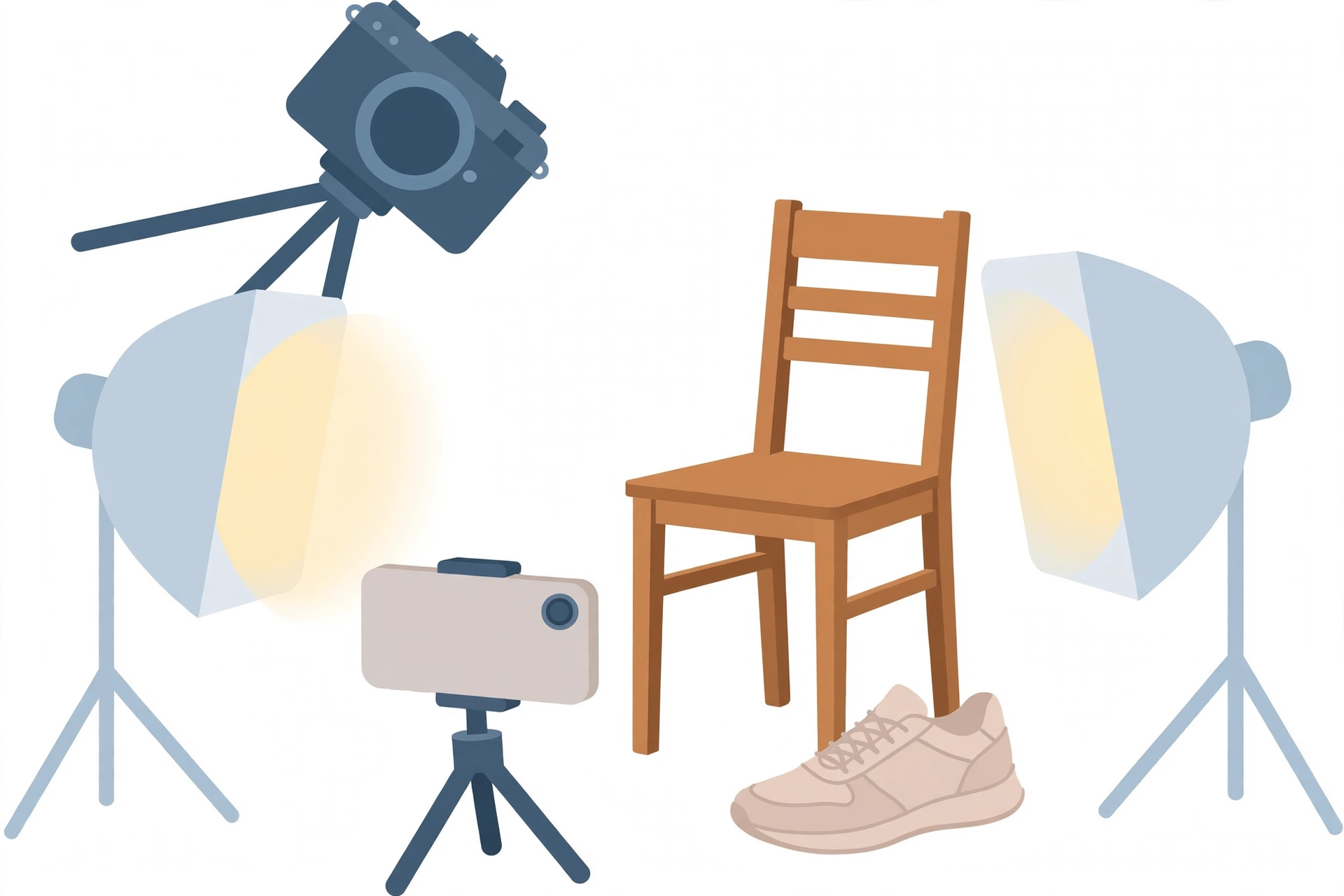 Camera photographing products for a Facebook Marketplace listing, product photography concept illustration