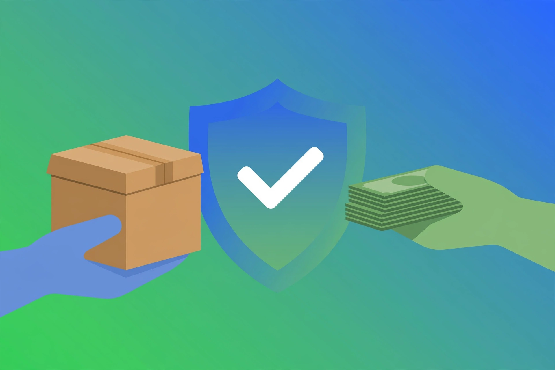Safe transaction concept with shield, box and payment for Facebook Marketplace selling illustration