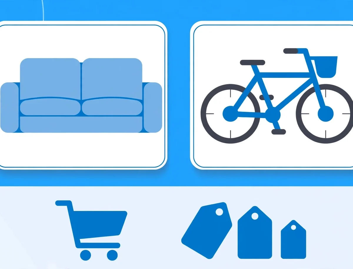 Online marketplace concept with boxes, furniture and price tags for Facebook Marketplace selling tips illustration