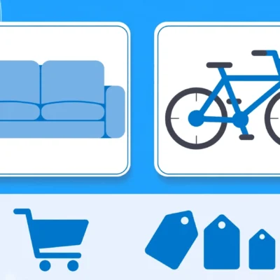 Online marketplace concept with boxes, furniture and price tags for Facebook Marketplace selling tips illustration