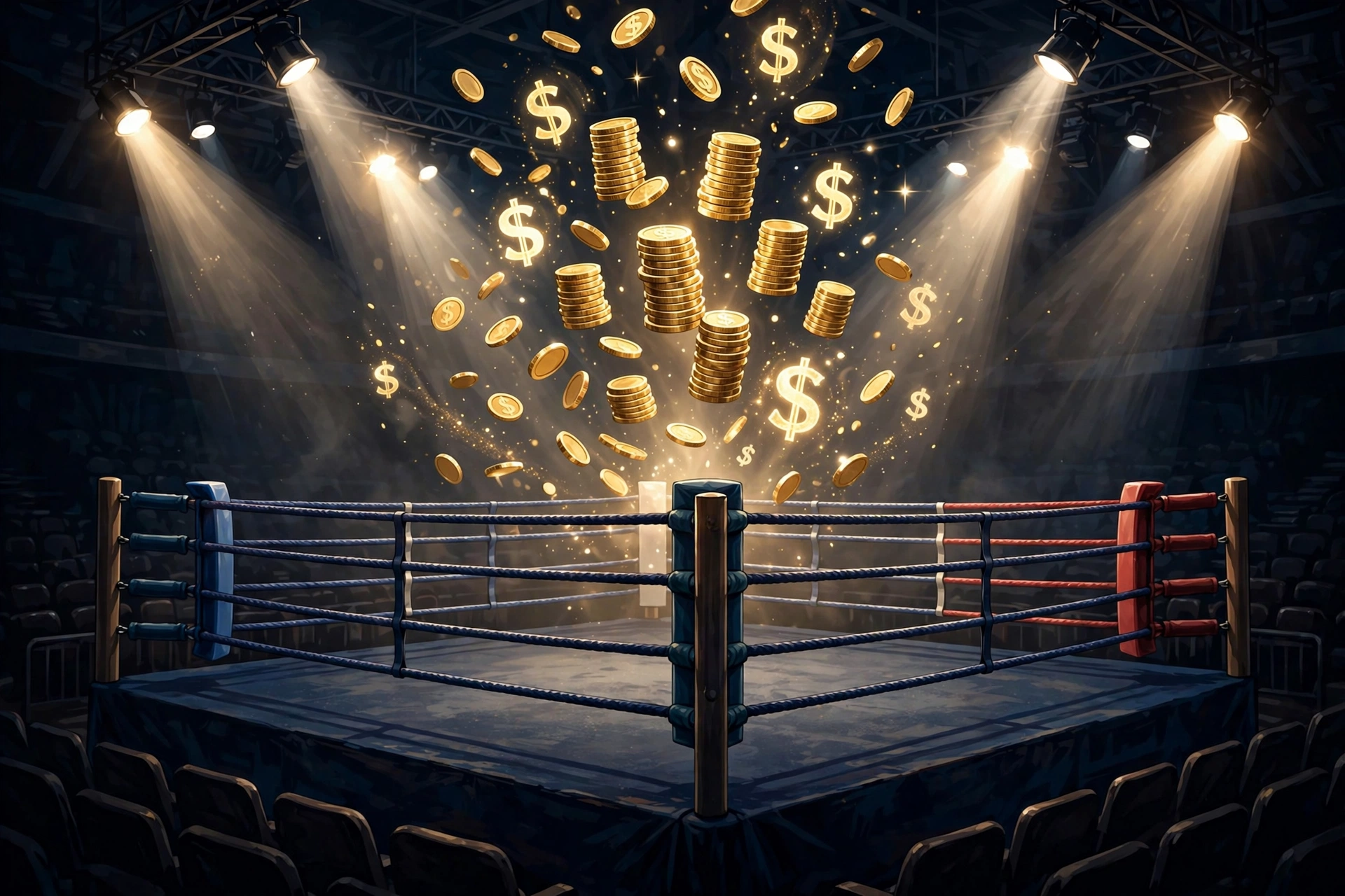 Illustration of a boxing ring with gold coins symbolizing Floyd Mayweather fight earnings 2026