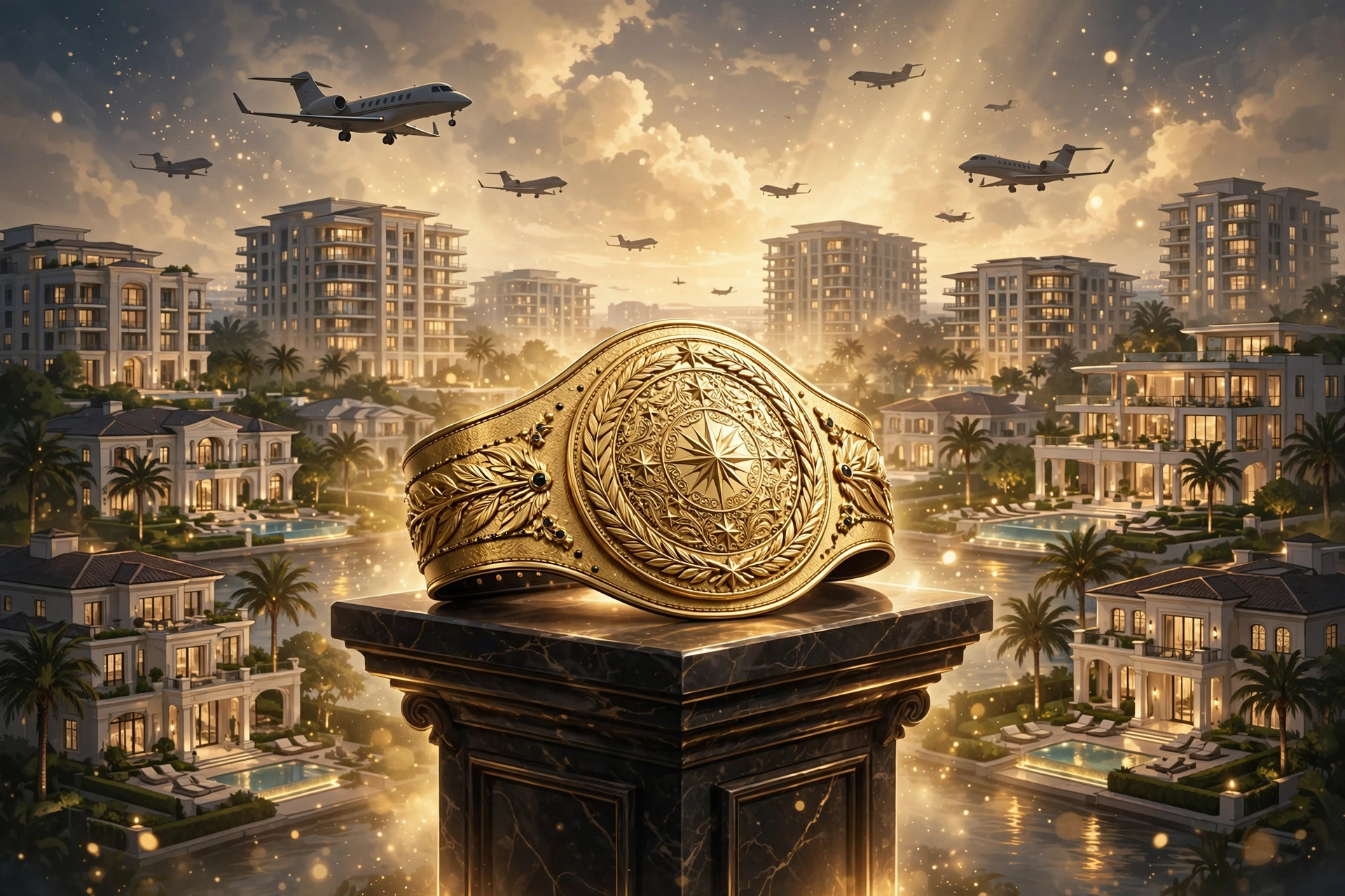 Illustration of a championship belt with buildings symbolizing Floyd Mayweather investments 2026