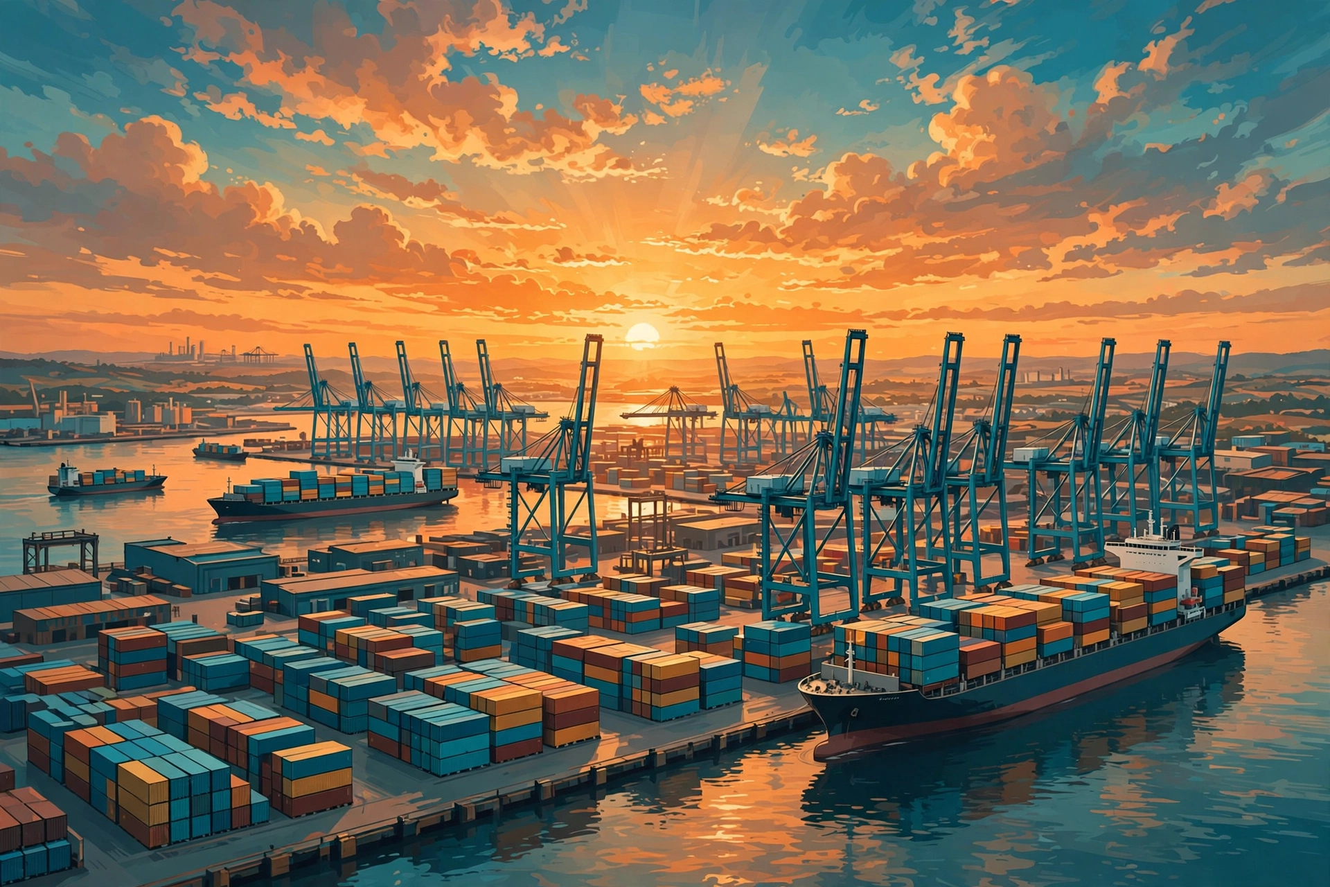 Illustration of a large shipping port with cargo cranes and container ships at sunset symbolizing Adani ports business wealth