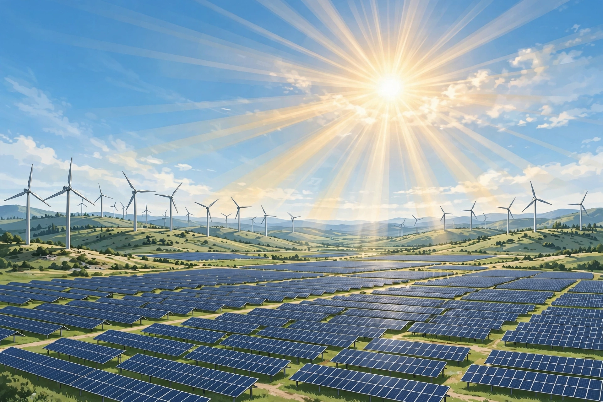 Illustration of solar panels and wind turbines under a bright sky symbolizing Adani Green Energy renewable investments